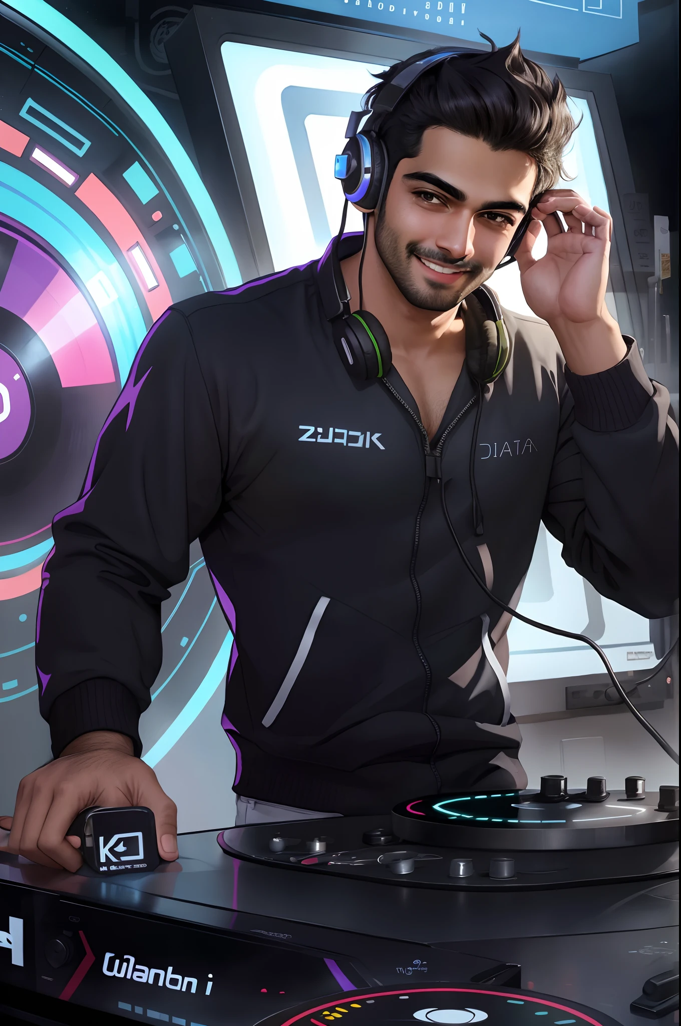 smiling man with headphones on his head in a restaurant, mutahar laughing, a portrait of rahul kohli, kyza saleem, inspired by Eddie Mendoza, mid shot portrait, inspired by Shekhar Gurera, sayem reza, big smirk, inspired by Nadim Karam, inspired by Saurabh Jethani, josh grover, candid portrait photo