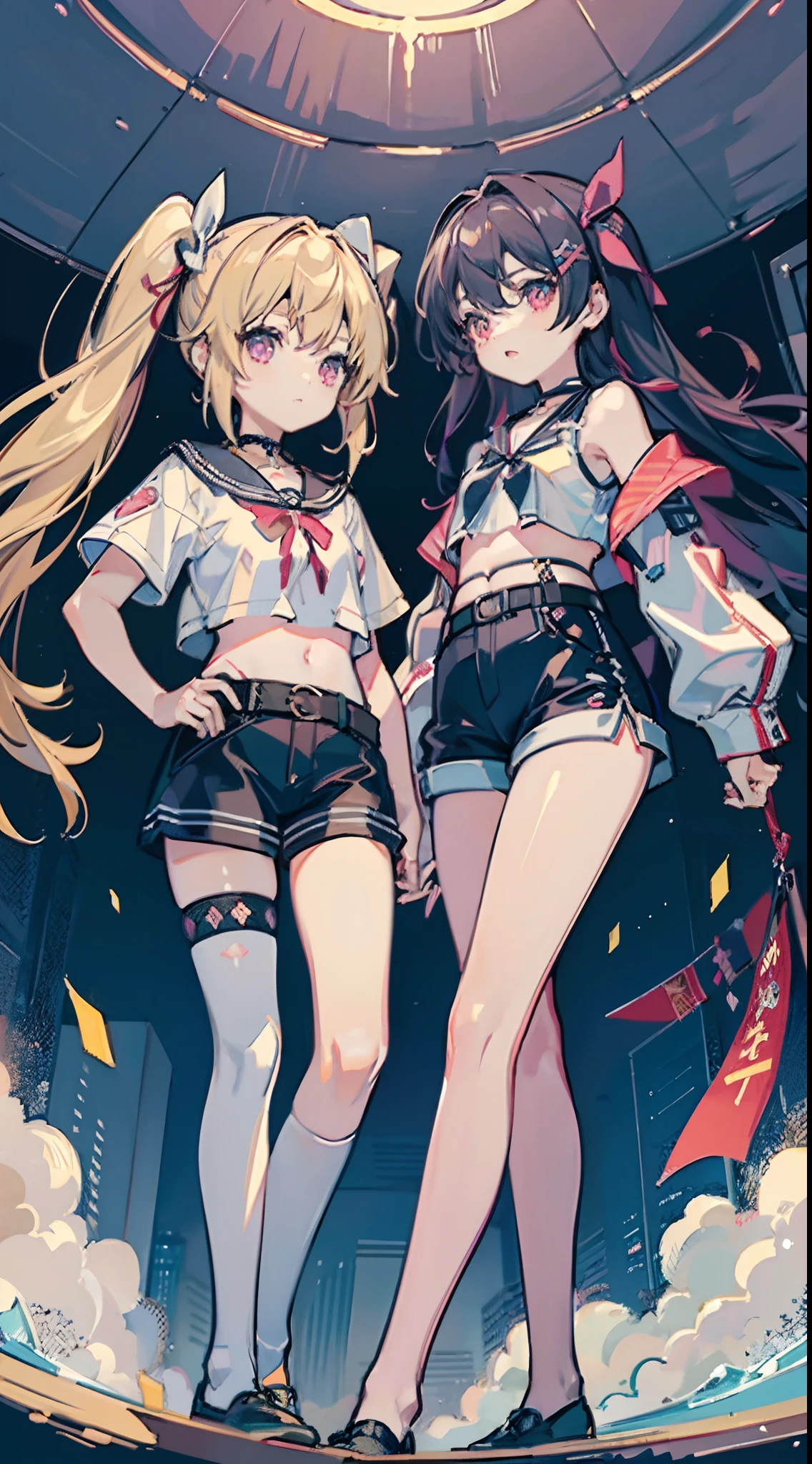 ,twins, Masterpiece,Best quality,offcial art,Extremely detailed Cg Unity 8K wallpaper, 2girls, cute female child, Yuri, hair adornments, Short shorts, Crop top, Pantyhose, ribbon_choker necklace, leg belt,