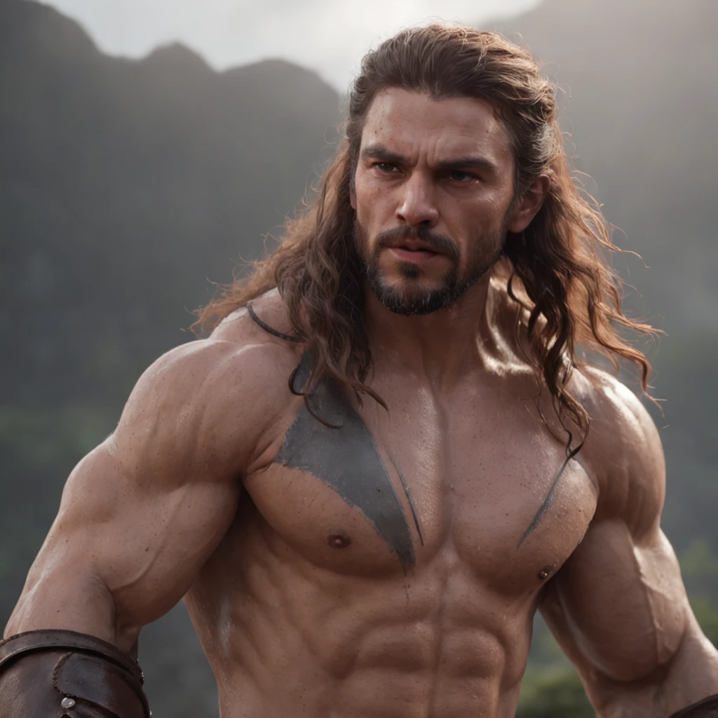 (Professional 3D rendering:1.3) de (Realistic:1.3) Foto de arte mais bonita do mundo，Features soft, bright male heroes, ((Epic hero fantasy rough muscular man wet hero angry look long hair short beard and fierce expression in dynamic pose, fantastic location, majestoso ambiente desordenado)), corpo inteiro 8k unidade render, action shot, poros da pele, very dark lighting, sombreamento pesado, circunstanciado, Rosto detalhado, (vibrante, fotogrdeia realista, Realistic, Dramatic, Escuro, foco nítido, 8k), (Old leather clothes damaged by bad weather:1.4), ((((Use peles)))), (intrincado:1.4), decadente, (altamente detalhado:1.4), pintura digital, rendering by octane, art stations, Conceito-Arte, liso, foco nítido, illustration, germe da arte, (Loish:0.23), Wlop Ilya Kuvshinov, e Greg Rutkowski e Alphonse Mucha Gracias, (global ilumination, studiolight, Light Volumetric), chuva forte, floating particles, patife, fantasia, Onze, corpo inteiroesbian, ((Fundo escuro e antigo da cidade:1.3)),CGSesociedade,art stations