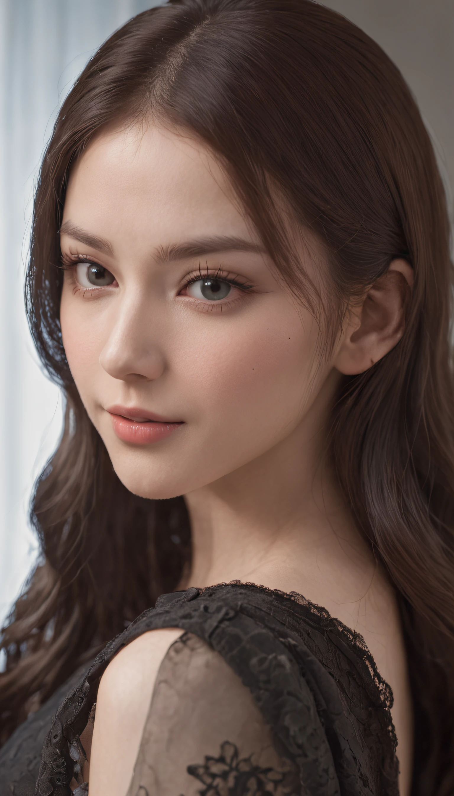 High quality，tmasterpiece，超A high resolution，(Photorealsitic),（realisticlying：1.4），RAW photogr，1girll，(Full body photo，inside in room，sit a chair，legs crossed)，good looking face，slim，Dignified，Small fresh，（White collar blouse，Black short skirt），ssmile，cabelos preto e longos，Beautiful Hair Accessories，Beautiful teenage girl，Detailed scene, beautiful digital illustrations, detaileds，ultra-detailliert, cinematic quality, (Beauty and aesthetics，big  beautiful)，Correct hand，anatomy correct, ((From below))