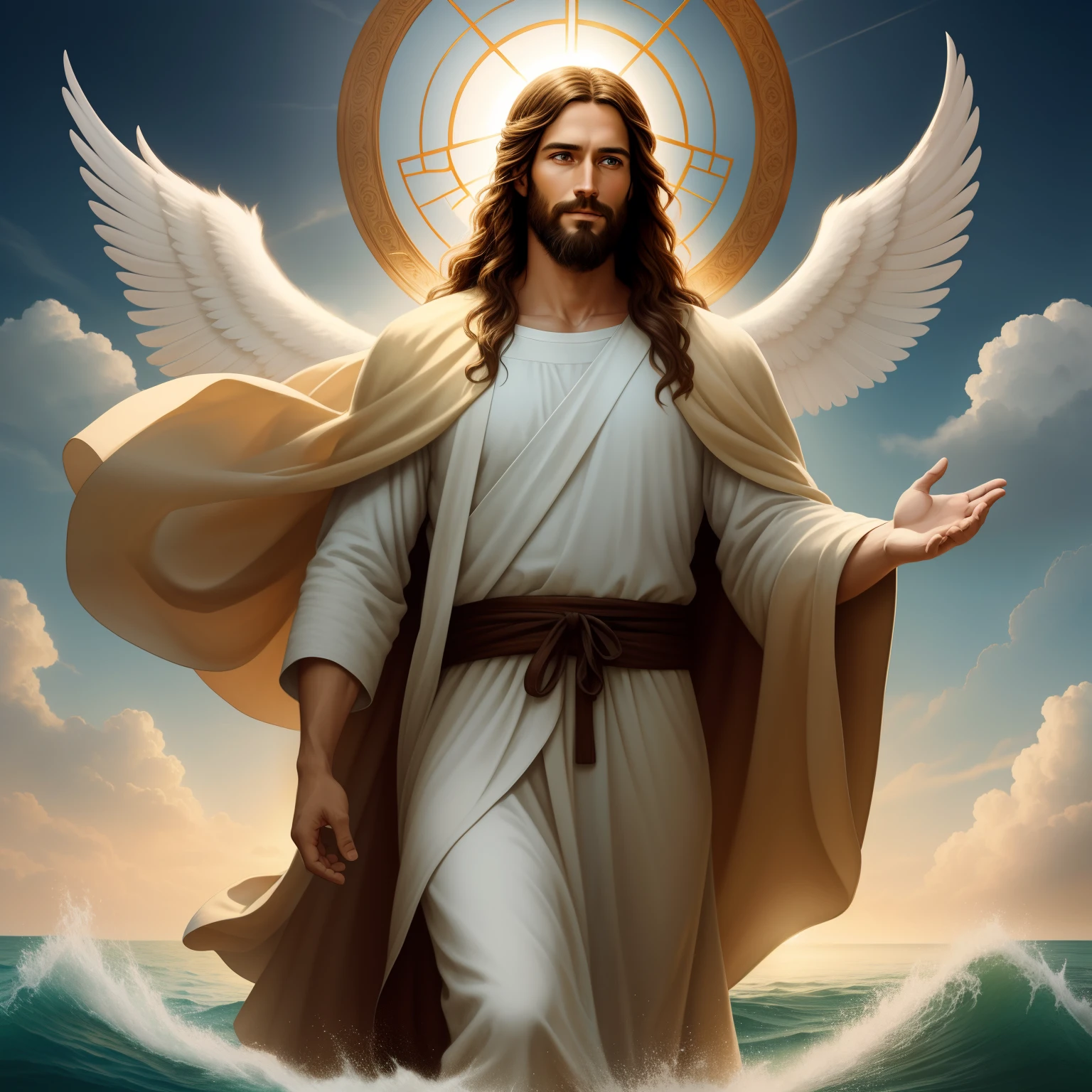 Almighty god Jesus christ ( jesus) blessing to the sky 35 years old with a long brown hair and long beard, heaven blessings light with a cross background) happy face, realistic 8k,A beautiful ultra-thin realistic portrait of Jesus, the prophet, a man 35 years old Hebrew brunette, short brown hair, real perfect eyes, long brown beard, with, Helping People , wearing long linen tunic closed on the chest part, in front view, full body, biblical, realistic,by Diego Velázquez,Peter Paul Rubens,Rembrandt,Alex Ross,8k, Concept Art, PhotoRealistic, Realistic, Illustration, Oil Painting, Surrealism, HyperRealistic, helping people , Digital art, style, watercolorReal Jesus flying on sky with a flying cloud in the background, Jesus walking on water, biblical illustration, epic biblical representation, forcing him to flee, coming out of the ocean, ! holding in hand!, disembarking, god of the ocean, beautiful representation, 8k 3D Model, realistic,
a 3D Realistic of jesus with a halo in the sky, jesus christ, smiling in heaven, portrait of jesus christ, jesus face, 35 young almighty god, portrait of a heavenly god, greg olsen, gigachad jesus, jesus of nazareth, jesus, the face of god, god looking at me, he is greeting you warmly, he is happy, avatar image