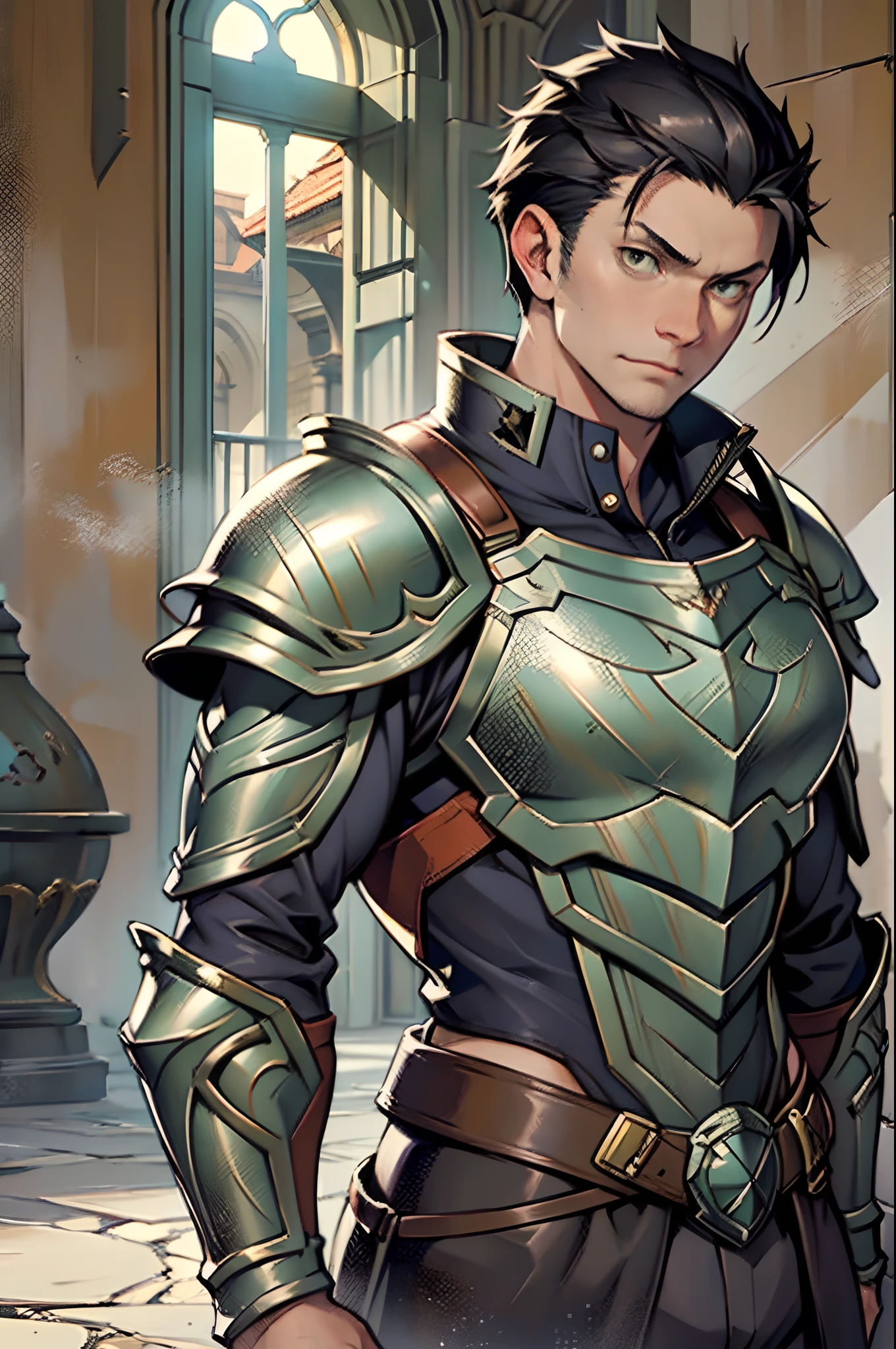 Portrait of a man, 1boy, Solo, Stand quietly, Heroes, A hero never seen before, jawline, Male, Epic, Handsome, prince, warrior, Silver armor, hyperdetailed 3d matte painting, cinemascope panoramic, awe inspiring, landscape, Natural skin texture, Sharp focus, ((Cinematic look)), insanely details, Intricate details, greg rutkovsky、Works of art by Caravaggio and Alphonse Mucha, analogue style, Castle, inside castle, Calm environment,