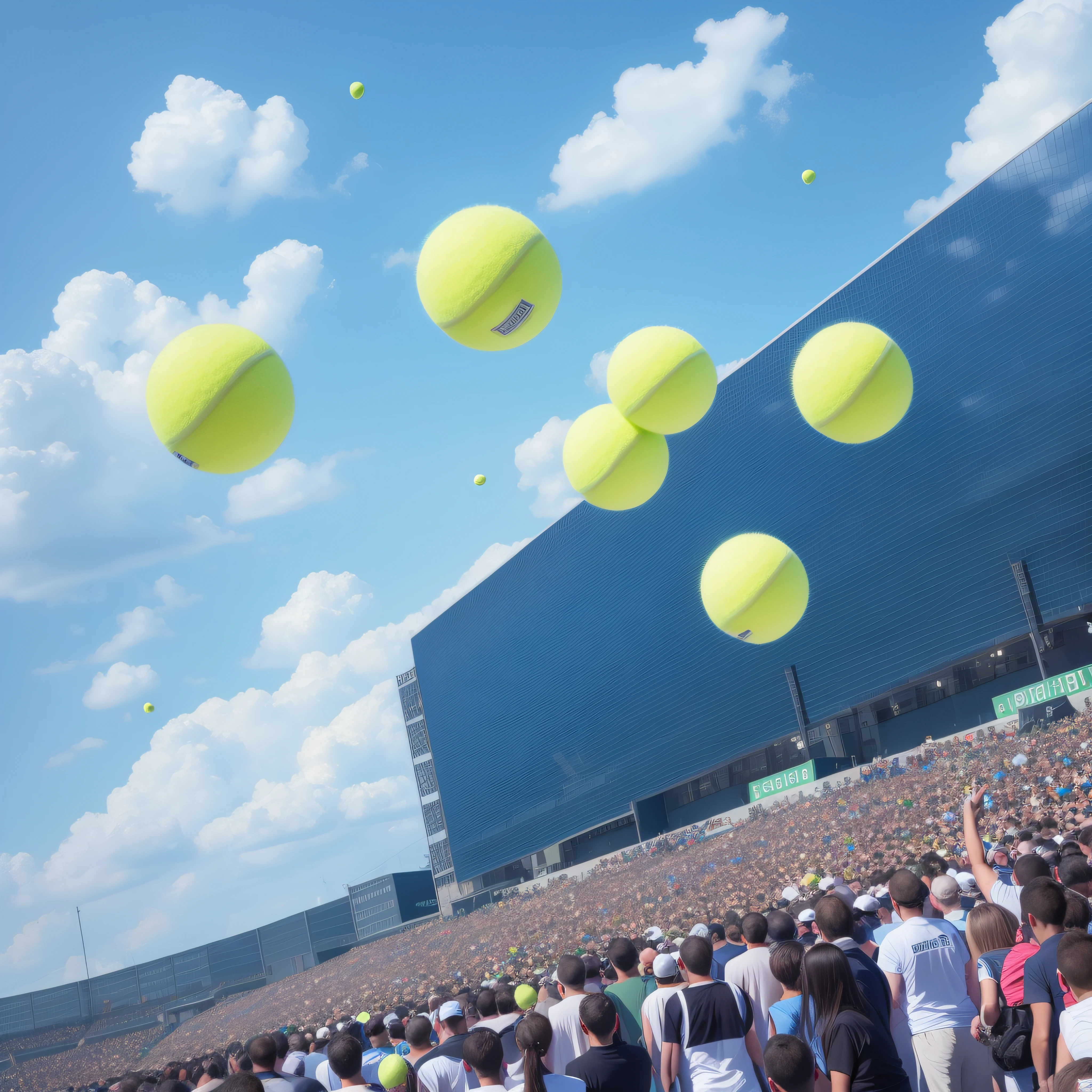 A million tennis balls fly densely into the sky，Scenes，Surreal，k hd，Hyper-realistic，Photorealistic，intensive，Blue sky，Fill dense pictures, pictogram，afloat，mid-air，fei