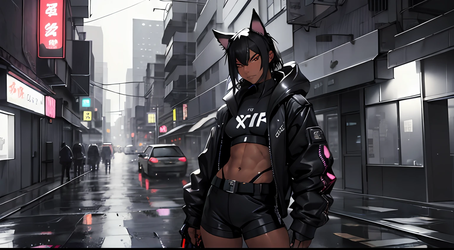 1girl, black hair, athletic, robot, casual, animal ears, large assault rifle, colorful, kitana on back, noir, mystery, thick waist medium breast, muscular, tomboy, cyberpunk, nekomata, warrior, sexy outfit, looking at viewer, anime, realistic, rainy night city, dark skin, leaning on balcony holding coffee, pet cat on shoulder, black and white colors, high quality, non distorted,