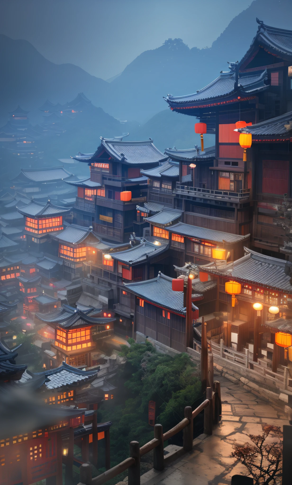 arafed view of a chinese village at night with a lot of lights, dreamy chinese town, ancient chinese architecture, cyberpunk chinese ancient castle, chinese architecture, japanese town, japanese city, chinese village, beautiful render of tang dynasty, japanese city at night, ancient japanese architecture, like jiufen, chinese style, andreas rocha style, japanese village