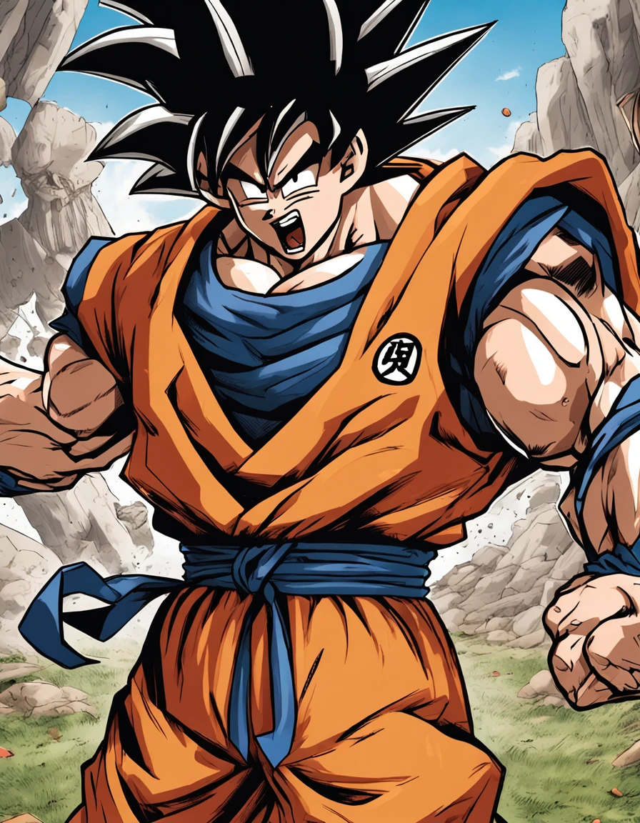 Humano Goku em uma pose frontal em um campo de batalha, feito por Akira Toriyama
