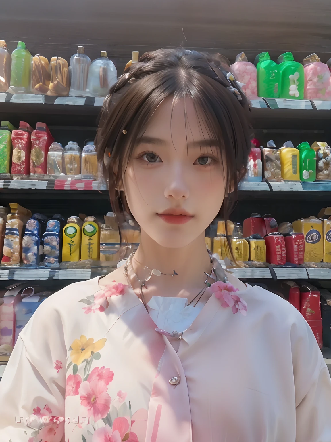 Best quality, Masterpiece, (Photorealistic:1.4), 1 girl, Upper body, Long hair, Corset, necklace, Cute, Flowers around, outside,   -- Facial details:1.7 --