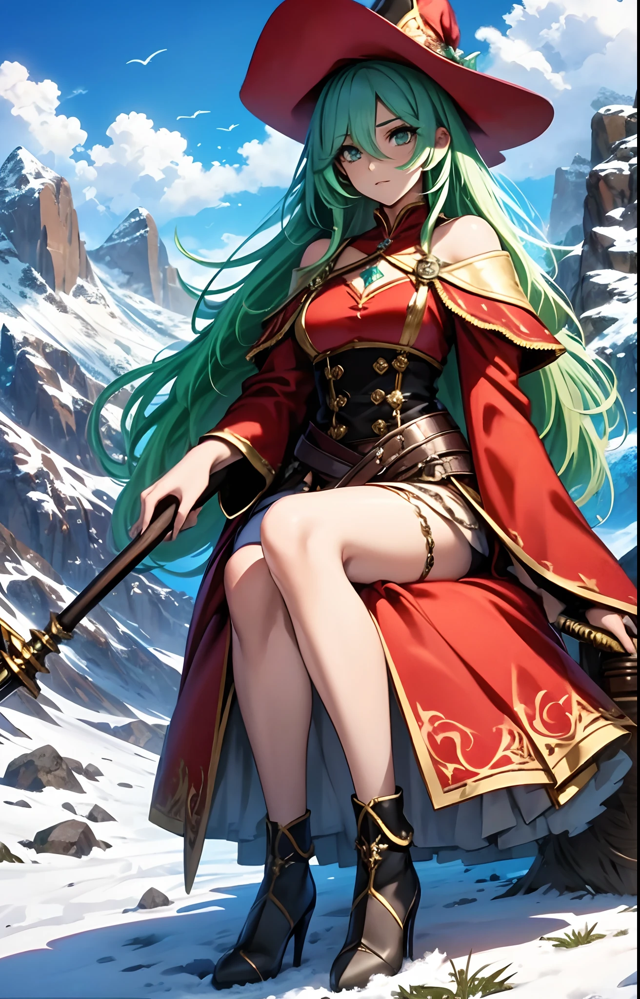 best qualityer,tmasterpiece,Ultimate resolution,downy,Extremely colorful,Colorful,Alpine background,Sky flight,Long flowing green hair,The Witch,a matural female,Red magic robe long dress,red high heel pumps,Sit on a magical broom,flight,Normal posture