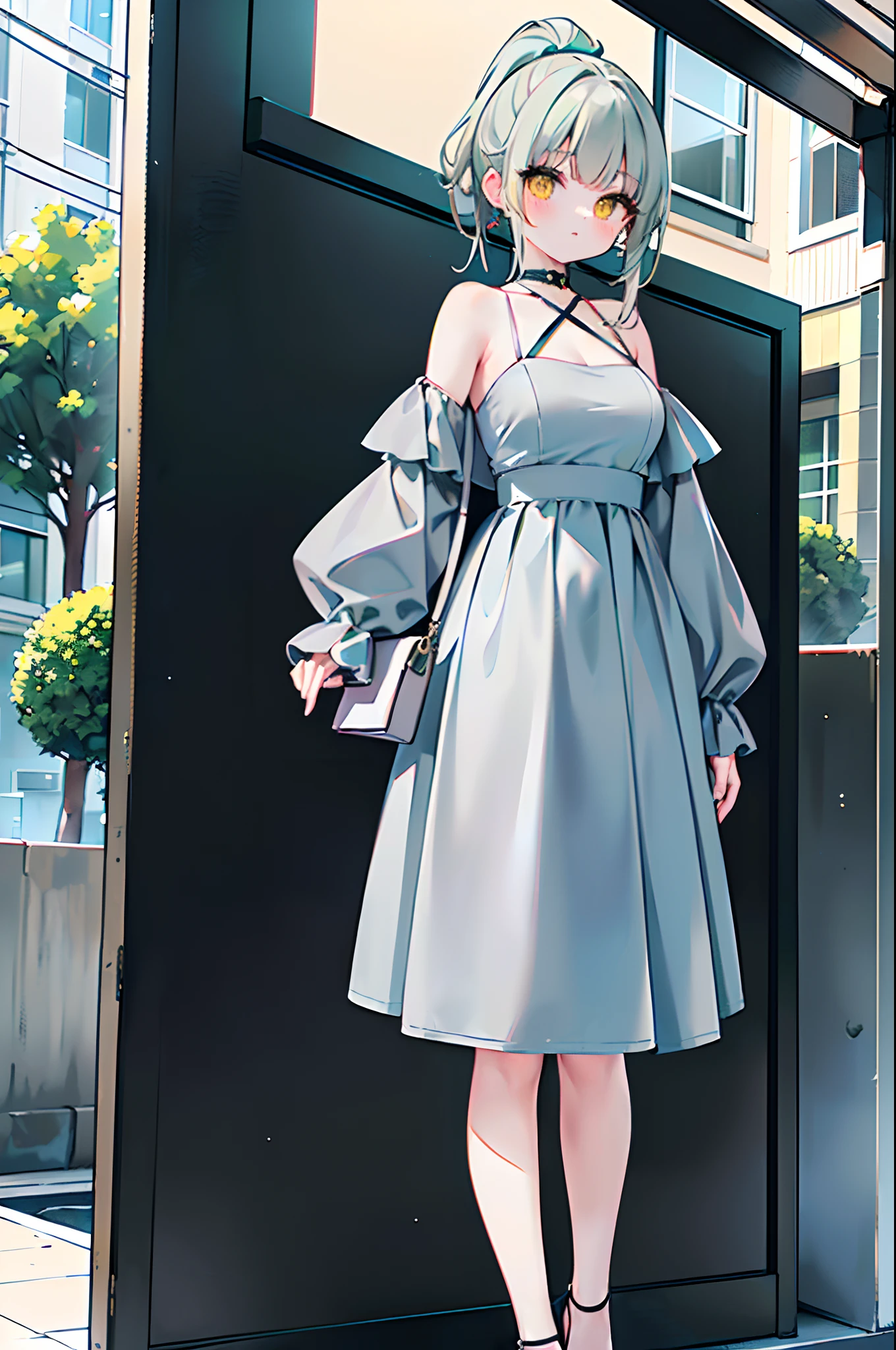Hands behind shoulders, all over a standing street green double ponytail girl with yellow eyes big V-neck, crop top gray dress, off-the-shoulder puff long sleeves, gray high heels