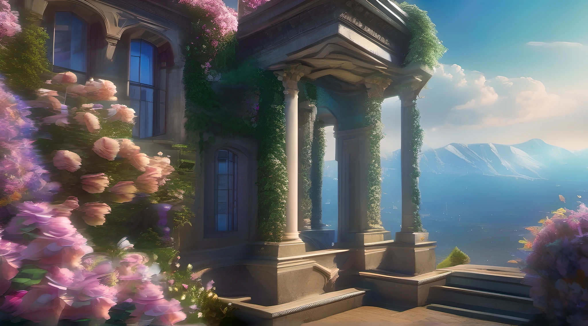 ccurate, best quality, masterpiece, UHD, high details, award winning, (Amazing:1.1), (Surrealism), Conceptual art, Verism, cinematic lighting, floating ruins in the sky, (((beautiful flower garden))), Horizon, blue sky, paradise scenery, flowers, wind flow, (((fantasy))), frontier, (magnificent space), blurry foreground, bokeh, Hasselblad, lens flare, beautiful school girl, (r old)(((full body)))), from behind, she is dancing, without looking at me, (((wearing school uniform))), black eyes, black hair, (floating hair), ((8 life size)), detailed hairstyles, detailed bodyline, anatomically correct,