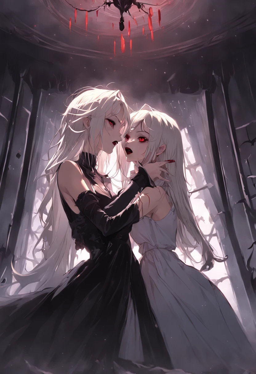 A platinum blonde female vampire in a black dress is holding a beautiful brunette girl in a white dress . (((A little blood is dripping from the female vampire's mouth.))) The beautiful girl is in a trance and the female vampire is satisfied. They are in the beautiful girl's bedroom with moonlight coming through the window. Bats are flying outside the window. night scene, 35mm lens shot