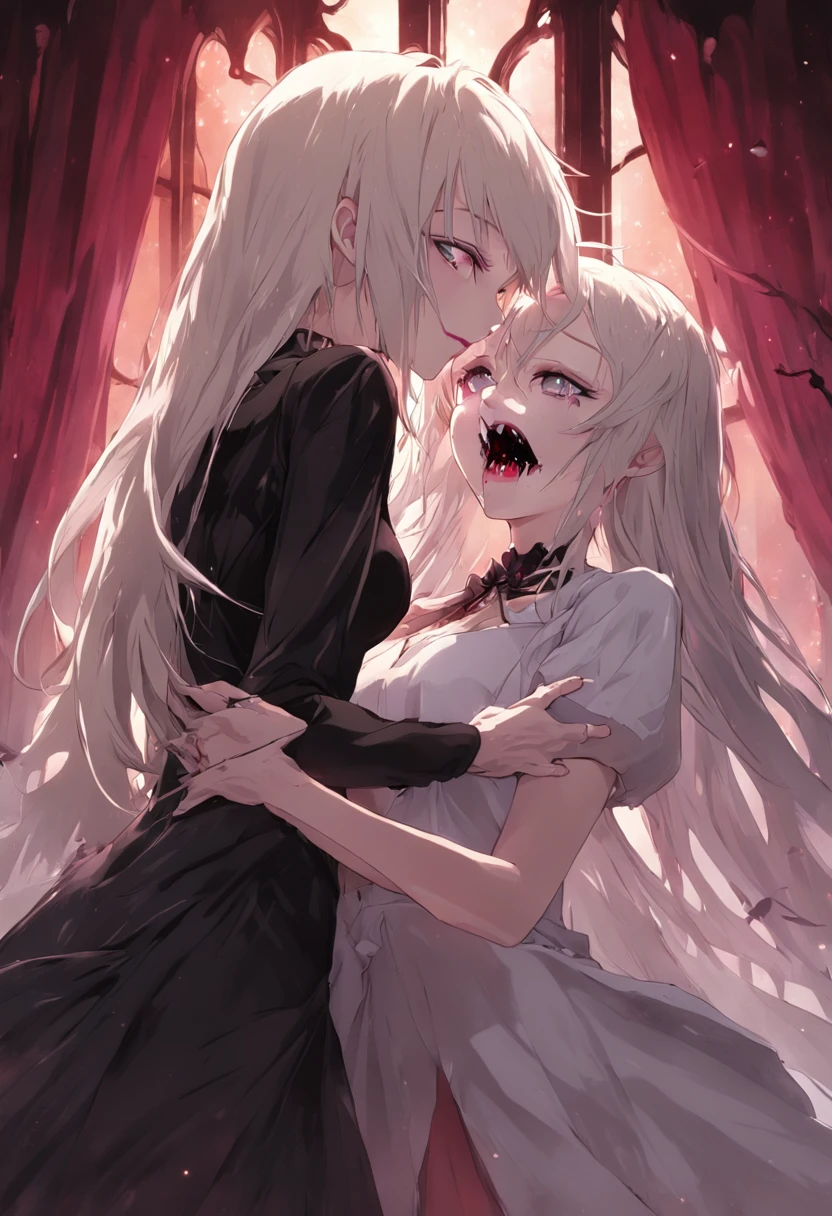 A platinum blonde female vampire in a black dress is holding a beautiful brunette girl in a white dress from behind. (((A little blood is dripping from the female vampire's mouth.))) The beautiful girl is in a trance and the female vampire is satisfied. They are in the beautiful girl's bedroom with moonlight coming through the window. Bats are flying outside the window. night scene, 35mm lens shot