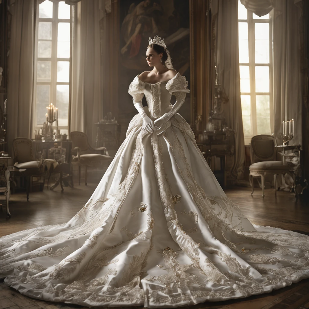 Best quality, Masterpiece, a future Crown Princess wearing a stately and elaborate royal wedding dress of white satin and tulle adorned with huge ribbon bows, lace, frills, flounces, embroidery and jewels, with enormous puffed sleeves, an hourglass waist and a voluminous crinoline hoopskirt, bustle, and train, long white gloves, pearl necklace and earrings, elaborately curled and styled hair