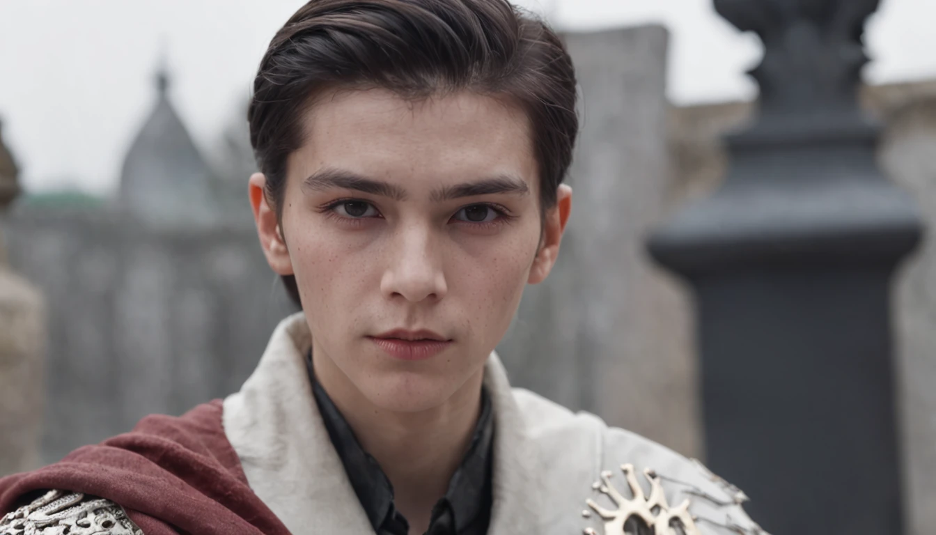 Cinema Lens,Large panoramic shots,The close-up view is a cemetery,White tombstones are erected here,Under the distant mountains、There are colorful lights and shadows of a cyberpunk-style futuristic city,There is a faint light at night,tall young man,Silently bow your head in front of the tombstone,The scale is 16:9