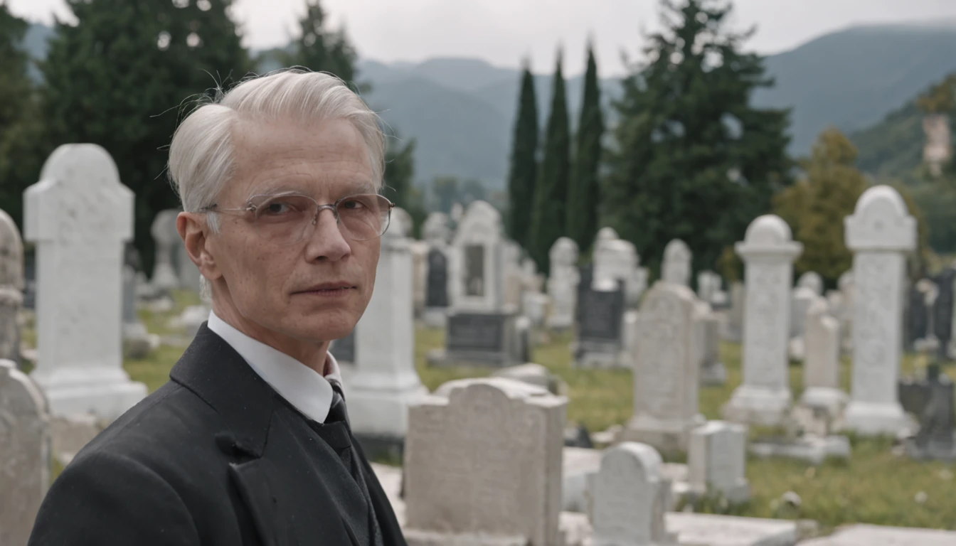 Cinema Lens，Large panoramic shots，The close-up view is a cemetery，White tombstones are erected here，Under the distant mountains、There are colorful lights and shadows of a cyberpunk-style futuristic city，There is a faint light at night，tall young man，Silently bow your head in front of the tombstone，The scale is 16:9