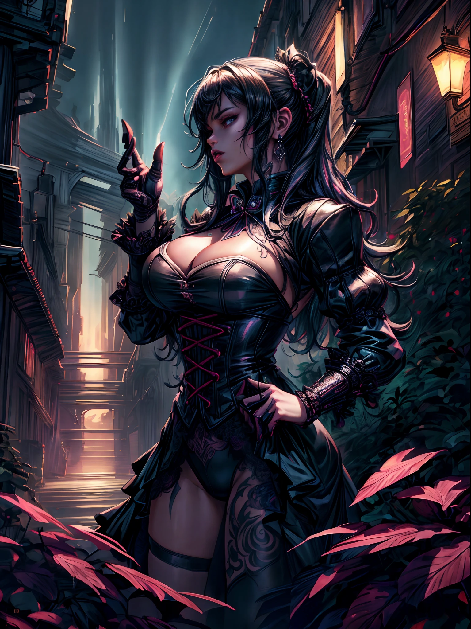 27 year old gothic dress, showing her large breasted and huge buttocks sudectress posing. Intricate Tattoos (top-quality、8K、UHD, wlop、masterpiece、nffsw:1.3)、(The ultra -The high-definition)、(Photorealsitic:1.4)、Raw photography、The upper part of the body,Charming perfect figure,actionpose:1.2,Detailed Transylvania background at night .depth of fields,high definition backround,、intricate details. Elaborate dynamic background.