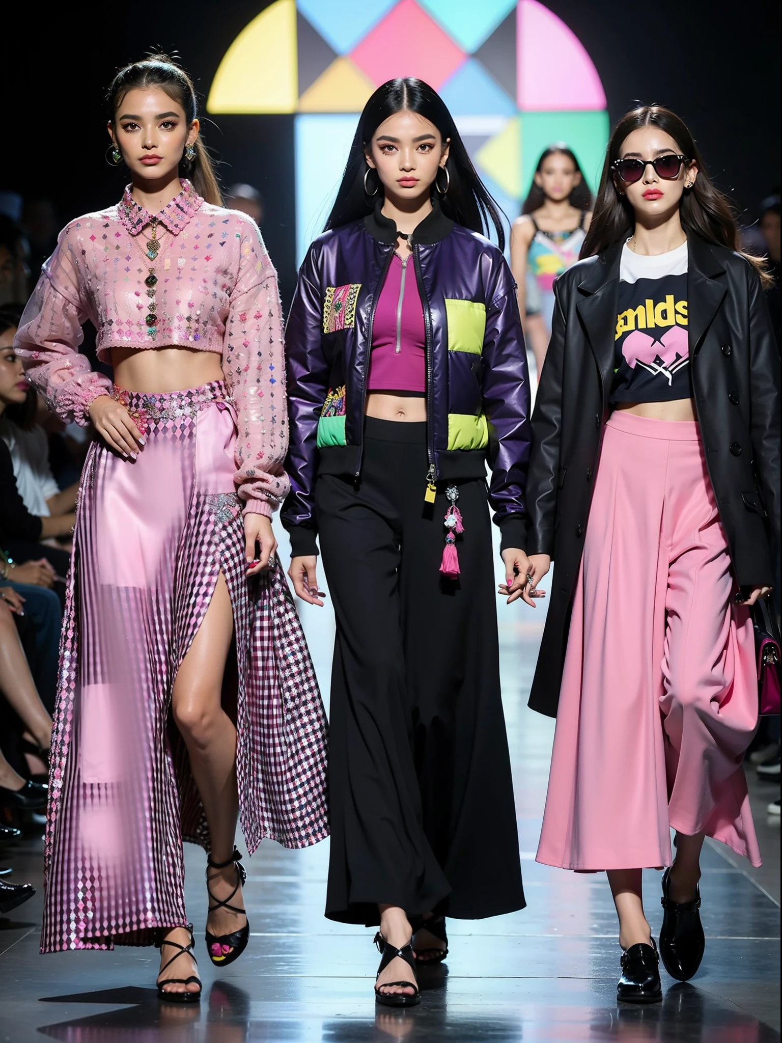 um desfile conceitual de moda, Fashion influencer trends, frequentadores urbanos, Estampas estilo patchwork., Parts with different details. Saias midi plissadas | |, (dark colors will be magenta, lavanda, terracota, turquesa, verde turquesa e rosa Barbie). roupas estampadas, checkered pieces
