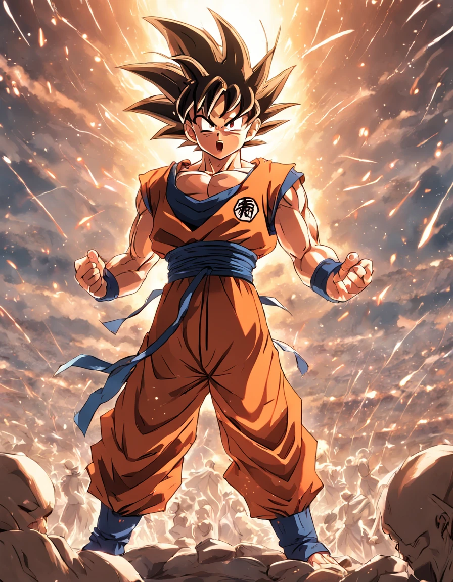 Humano Goku em uma pose frontal em um campo de batalha, feito por Akira Toriyama