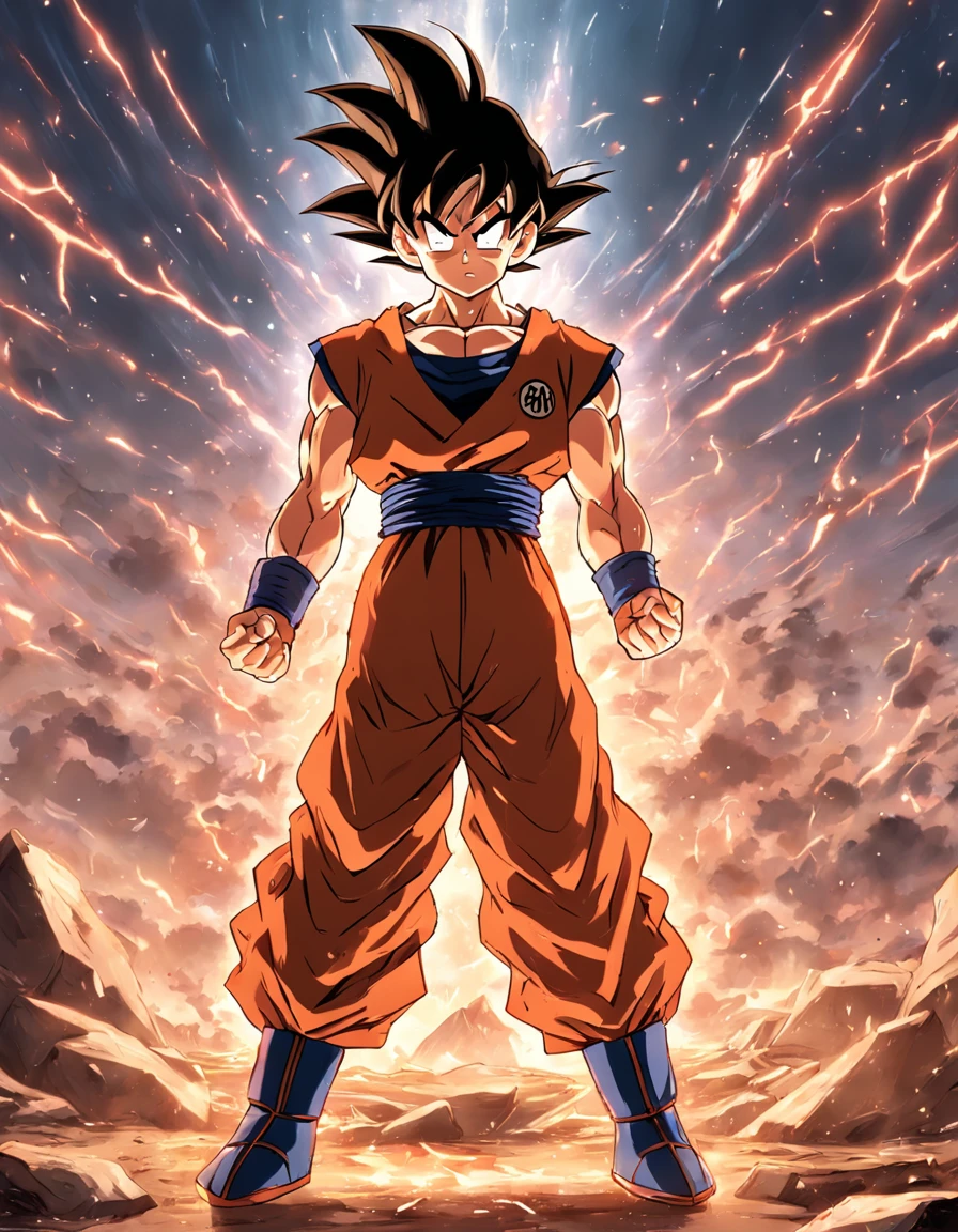 Humano Goku em uma pose frontal em um campo de batalha, feito por Akira Toriyama