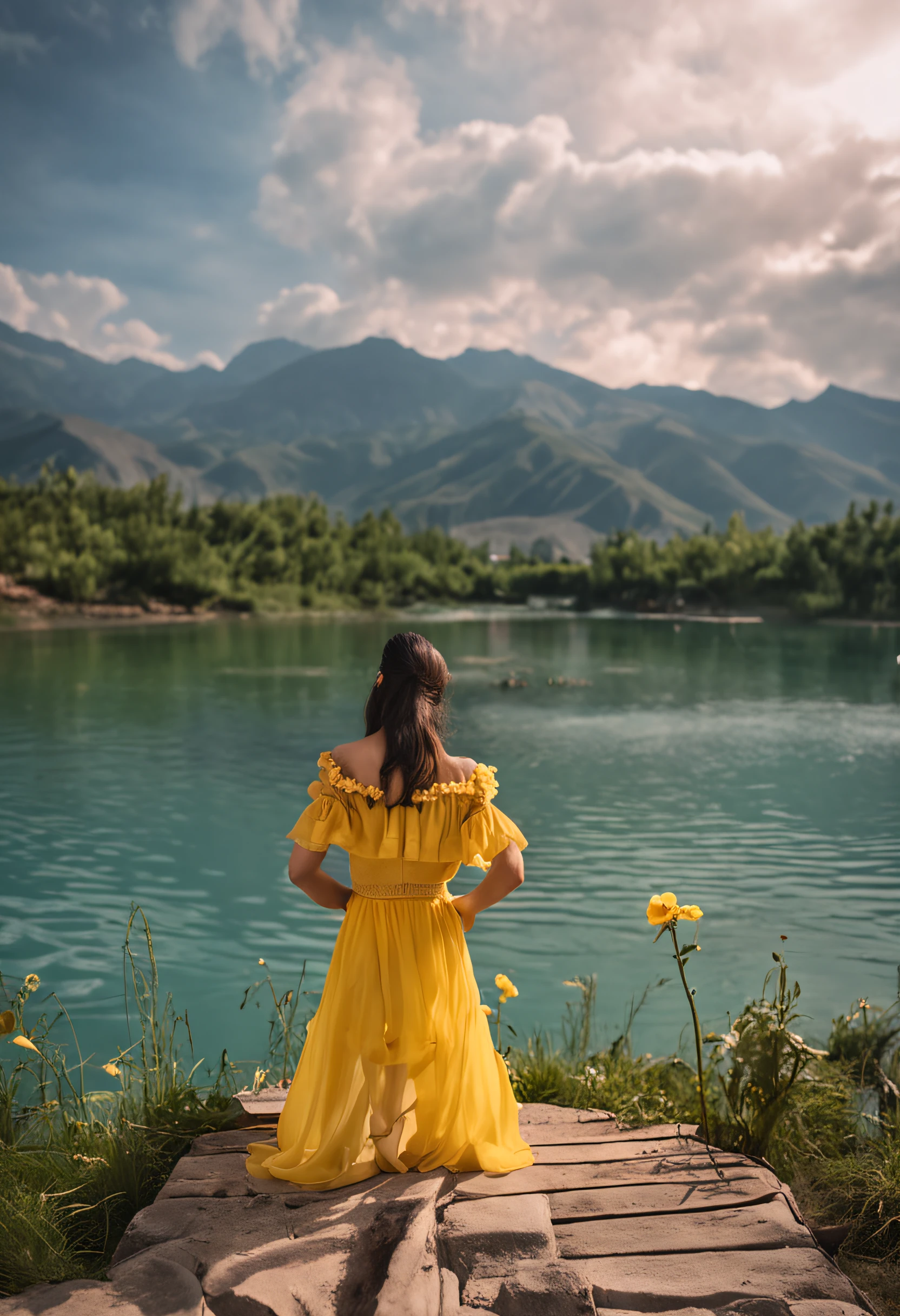 Beautiful woman in yellow dress sitting on a lounge chair，In the background is Kanas Lake in Xinjiang，Clouds are required in the sky，Beauty for Chinese