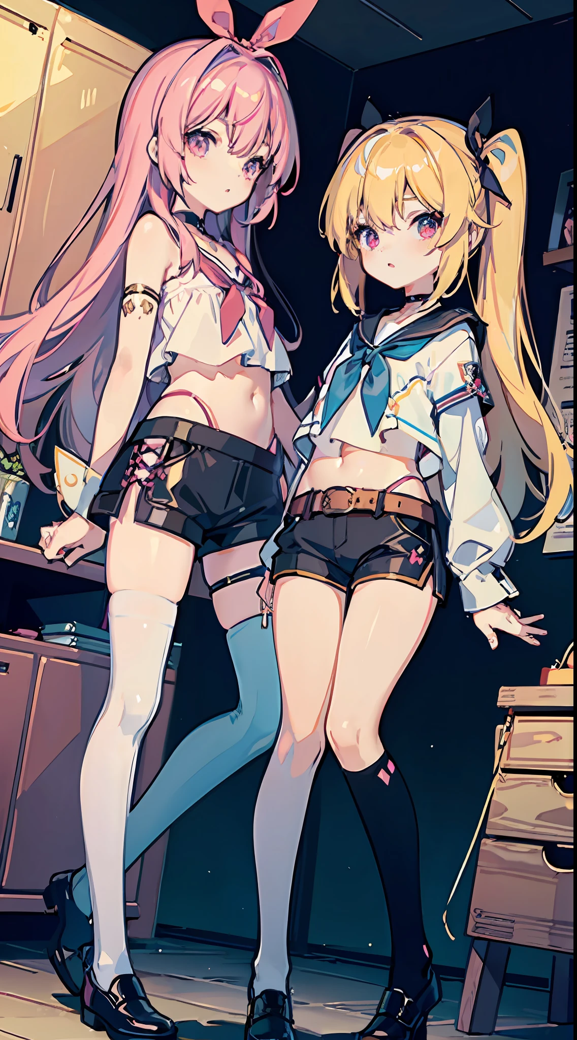 ,twins, Masterpiece,Best quality,offcial art,Extremely detailed Cg Unity 8K wallpaper, 2girls, cute female child, Yuri, hair adornments, Short shorts, Crop top, Pantyhose, ribbon_choker necklace, leg belt,