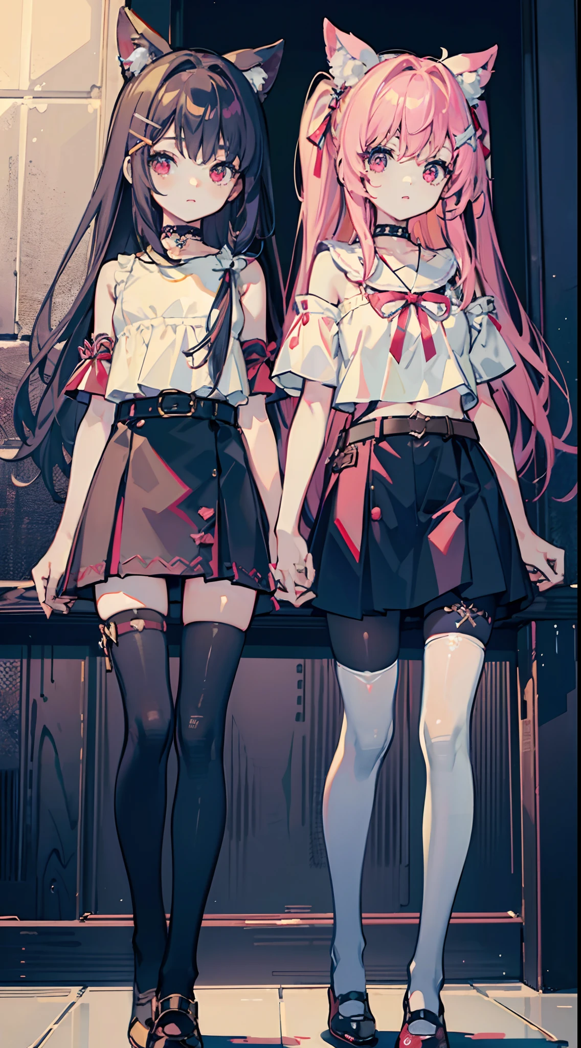 ,twins, Masterpiece,Best quality,offcial art,Extremely detailed Cg Unity 8K wallpaper, 2girls, cute female , Yuri, hair adornments, Short shorts, Crop top, Pantyhose, ribbon_choker necklace, leg belt,
