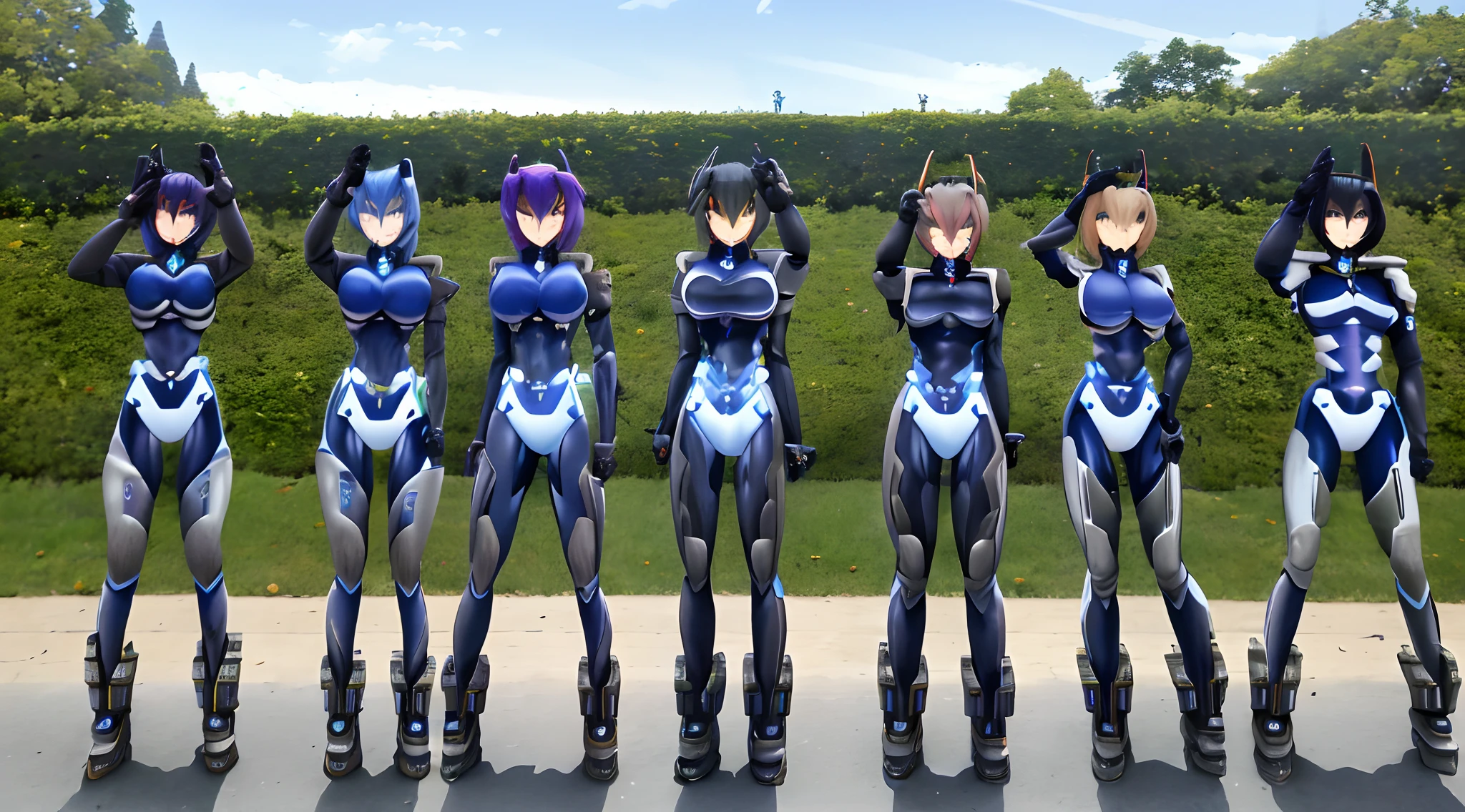"Imagining an awe-inspiring scene from the Muv-Luv series: A group of highly detailed female soldiers in fortified suits, standing in front of the majestic Imperial Japanese Palace, saluting with unwavering loyalty and respect before the revered Emperor."