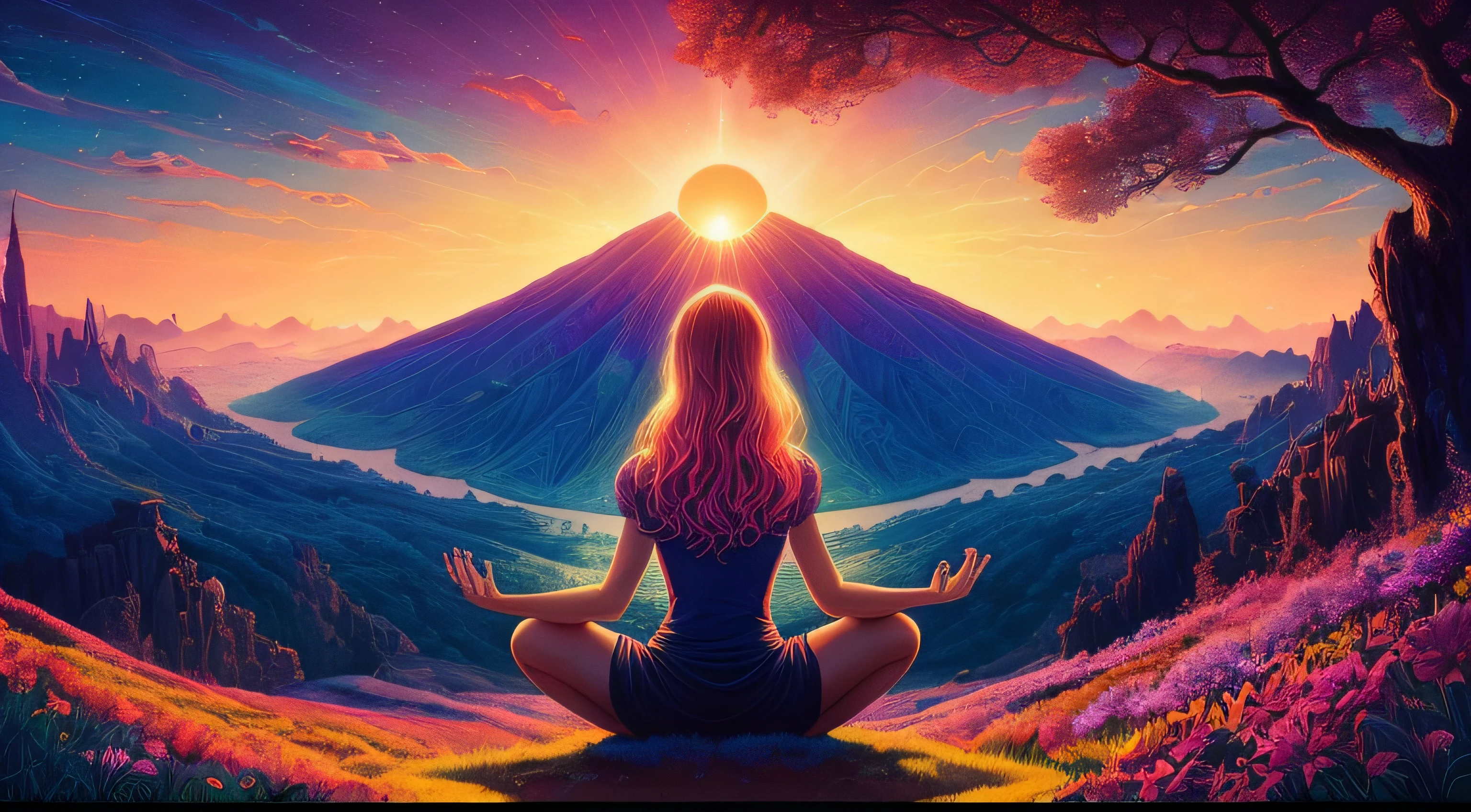 woman over 22 years of age looking at zenith, Meditating, Arms spread wide, Cinematic, 4K ultra-high, Beautiful face, ((full bodyesbian)), Detailed, perfectfingers, Beautiful woman: 1.3, beautiful  face，Good clarity, Saturated colors, psychedelic image, LSD, mandalas, fractalized, 3d depth, Dan Mumford and Alex Gray style, sunset psychedelic, kilian eng vibrant colours, psychedelic landscape, kilian eng vibrant colours, dan mumford and albert bierstadt, Official artwork, in the style dan mumford artwork, dan mumford paint, jen bartel, Psychedelic art style, mythical floral hills