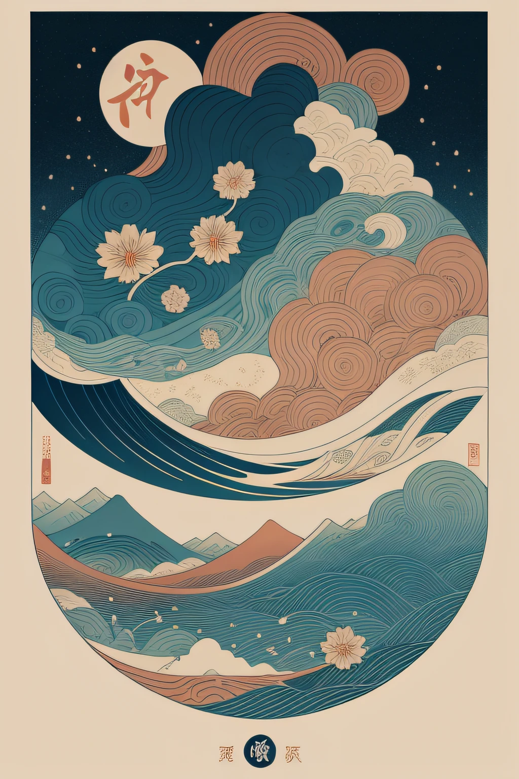 Conceptualize an abstract representation of Ukiyo-e or "mundo flutuante". Misture uma colagem de elementos de estampas famosas em fragmentados, surreal compositions. The kanji for hope is subtly integrated within the chaotic set, mas harmonioso.