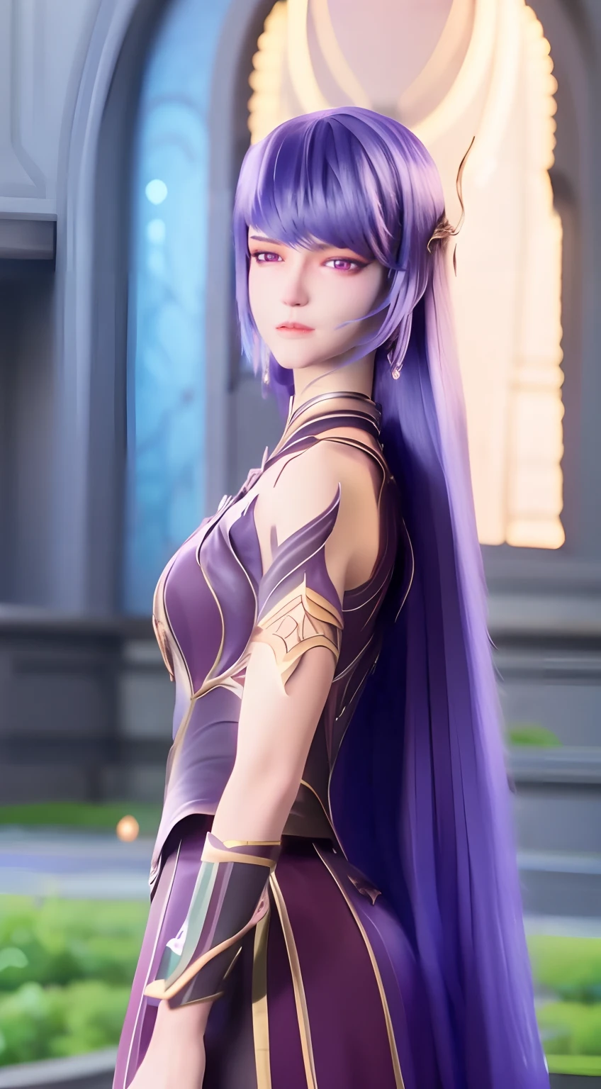 Detailed woman face looking at camera, dark- Purple eyes