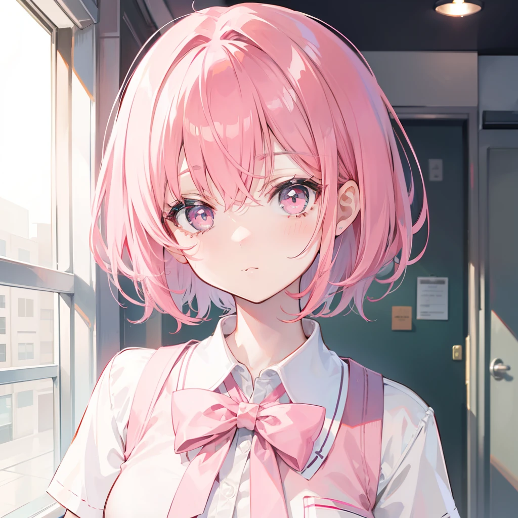 Short pink hair with a sense of transparency，Wearing a light pink school uniform，Light pink pupils，Super cute sweet girl