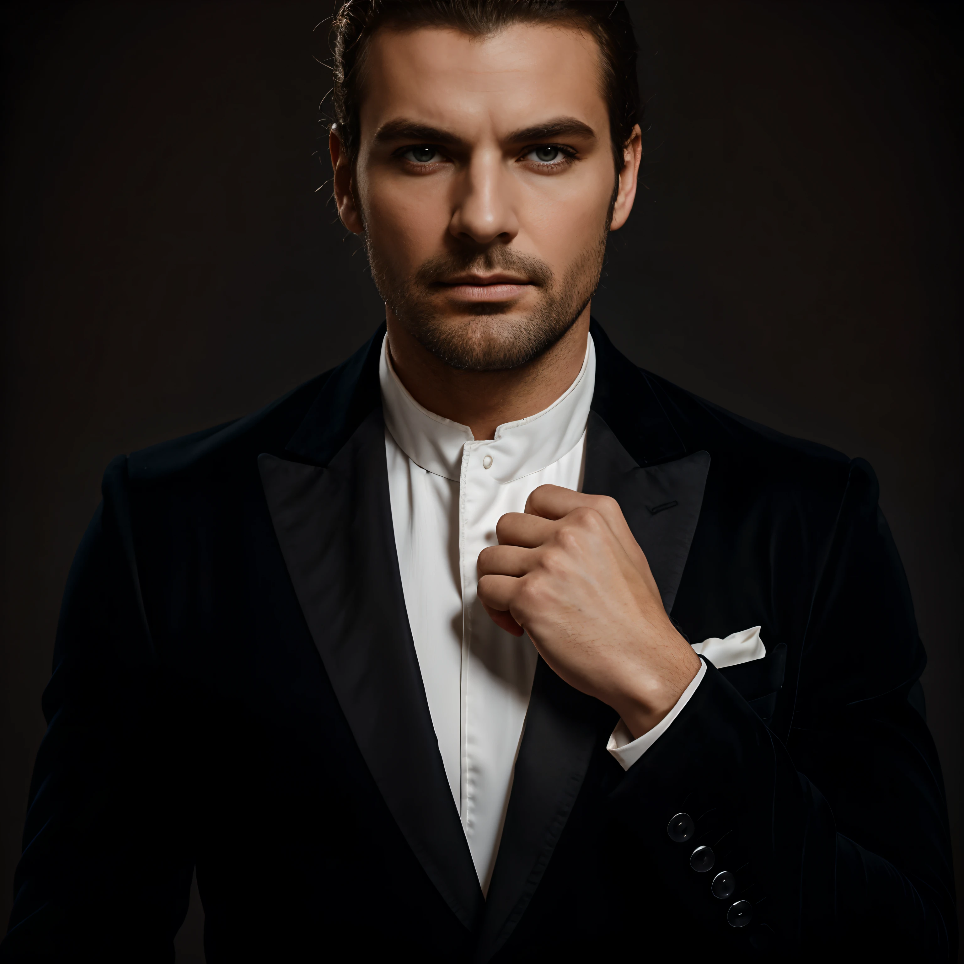 cinematic, gros plan, French Top Model, 35 ans, Costume de velours moulant noir, Grand Homme, cheveux bruns courts ,beautiful woman. minimalist background, Composition propre, Strong details, muted colors, Hasselblad --style brut
