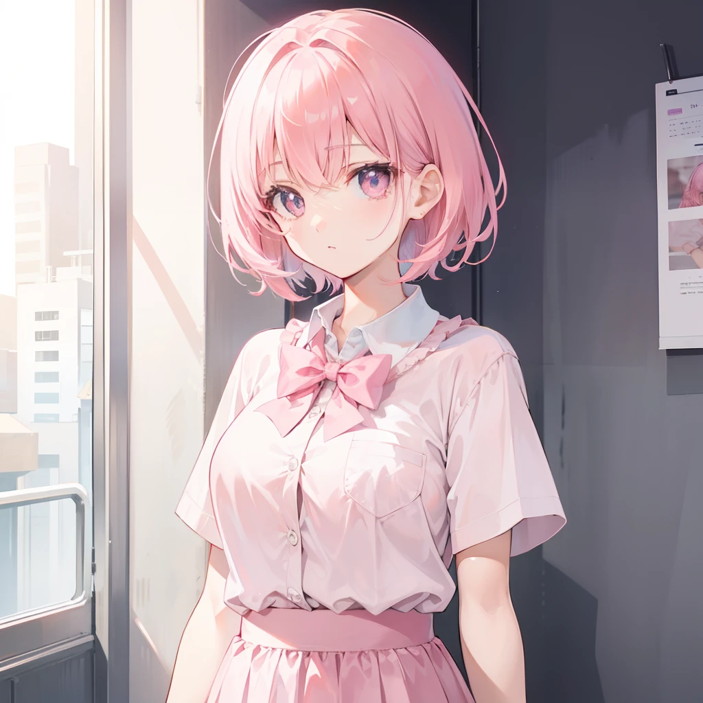 Short pink hair with a sense of transparency,Wearing a light pink school uniform,Light pink pupils,Super cute sweet girl