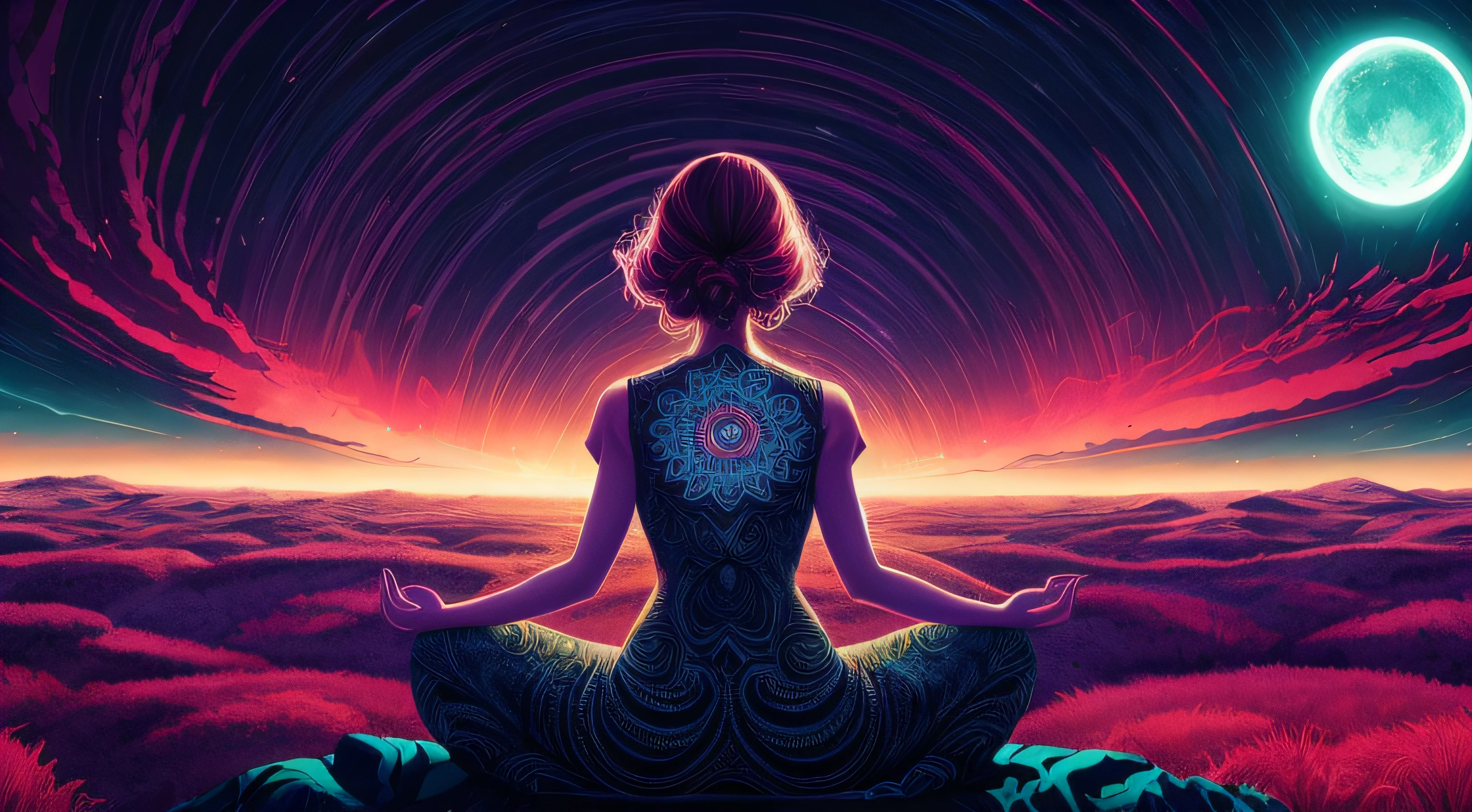 woman over 22 years of age looking at zenith, Meditating, Arms spread wide, Cinematic, 4K ultra-high, Beautiful face, ((full bodyesbian)), Detailed, perfectfingers, Beautiful woman: 1.3, beautiful  face，Good clarity, Saturated colors, psychedelic image, LSD, mandalas, fractalized, 3d depth, Dan Mumford and Alex Gray style, sunset psychedelic, kilian eng vibrant colours, psychedelic landscape, kilian eng vibrant colours, dan mumford and albert bierstadt, Official artwork, in the style dan mumford artwork, dan mumford paint, jen bartel, Psychedelic art style, mythical floral hills