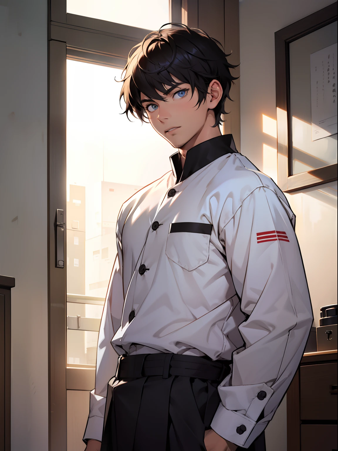 Libido boy，short detailed hair，Handsome，Clear eyes，校服，sitted，In the daytime，inside in room