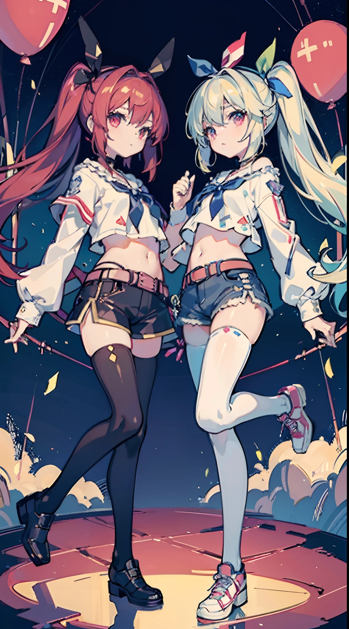 ,twins, Masterpiece,Best quality,offcial art,Extremely detailed Cg Unity 8K wallpaper, 2girls, cute female ,hair adornments, Short shorts, Crop top, ribbon_choker necklace, leg belt,