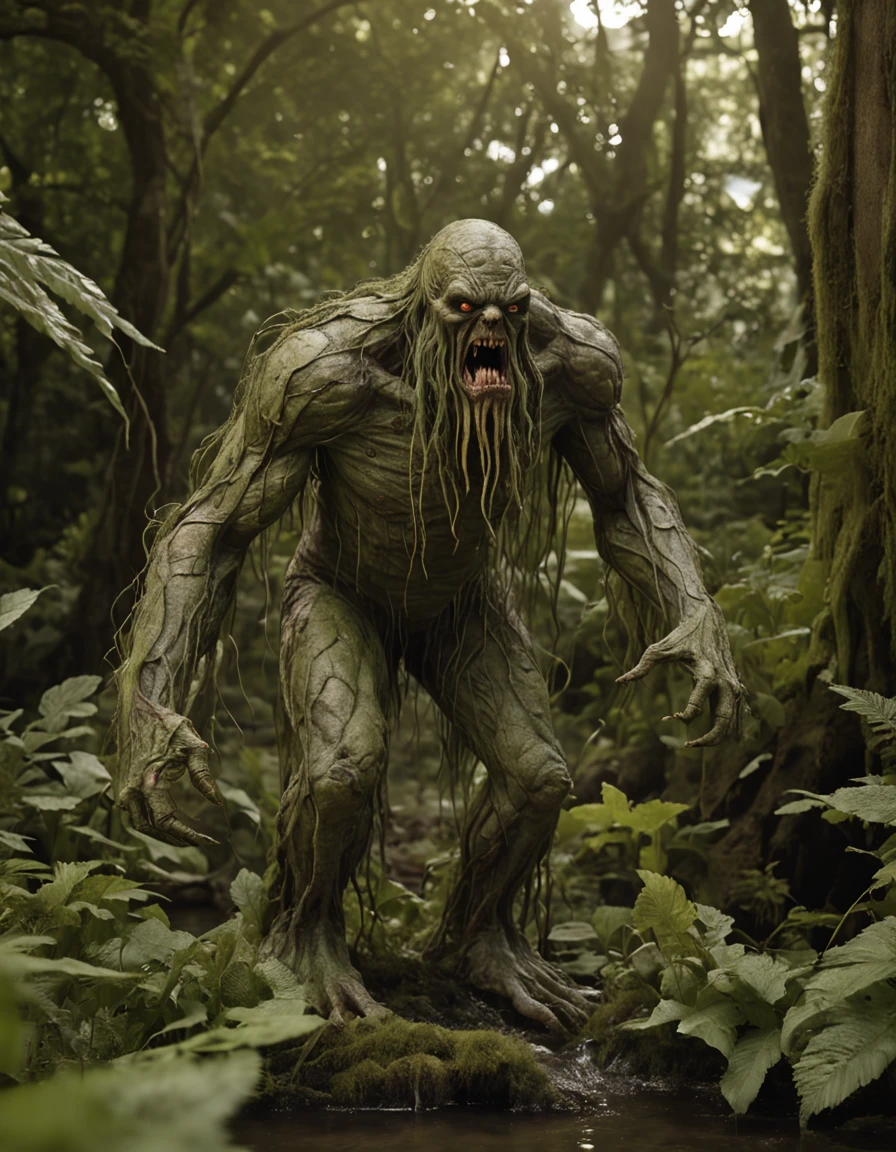 An ultra-realistic fusion between Swamp Thing and Man-Thing, deftly blending its botanical and grotesque features into a full-body representation. The merger stands out as a mesmerizing and disturbing entity, with the lush vegetation of Swamp Thing intertwining with the disfigured and inhabited, swamp-inhabited form of Man-Thing. As texturas da pele vegetal, The slimy, rotting flesh and seamless integration of its attributes are rendered in hyper-realistic detail. The environment is a mysterious, mist-shrouded swamp, with old trees and murky waters around the melting. The atmosphere is one of mysterious beauty and visceral horror, for fusion embodies the convergence of natural life and supernatural terror. The entire body of the fusion is meticulously captured through a combination of advanced digital sculpture and photorealistic rendering techniques, ensuring that every aspect of their supernatural and disturbing fusion is portrayed with astonishing accuracy.