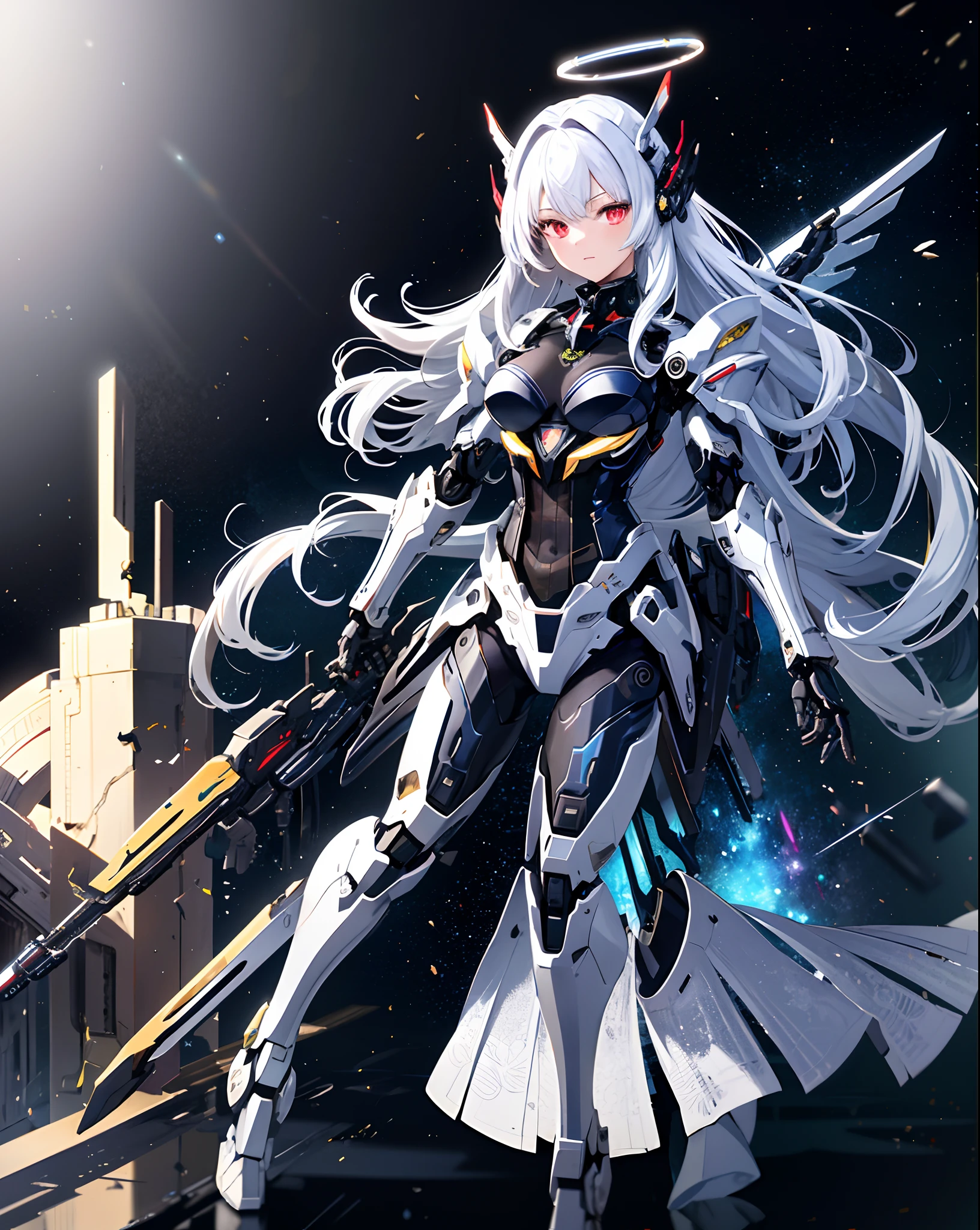 masterpiece, best quality, 8k, anime girl, full body, floating, imponent position, standing in center, tight hightech black bodysuit, no helmet, orange glowing parts, medium grey hair, hazel magnificent eyes, matching parts, extreme detailed, futuristic city background, dusk, glowing stars in the sky, light crossing behind like a god aura, realistic ilumination.