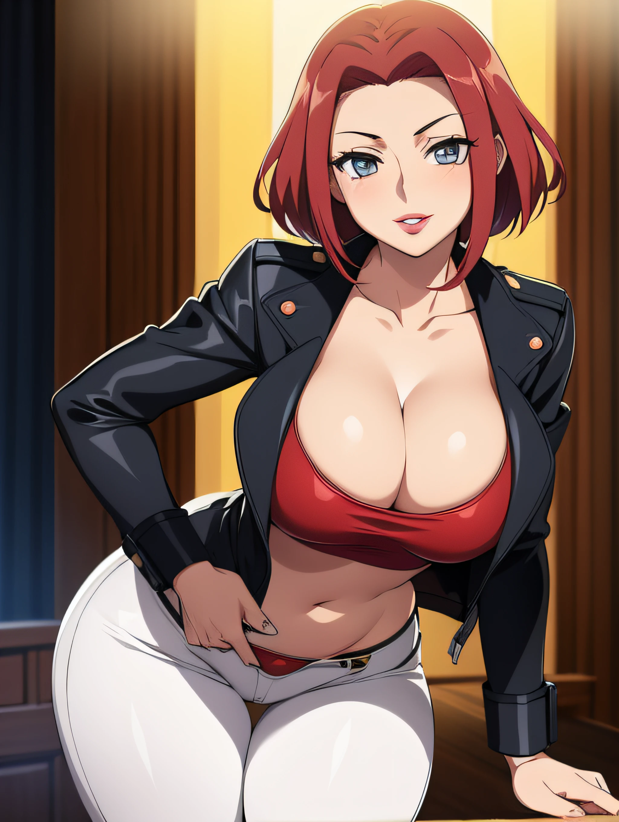 Code Geass, Kallen Stadfeldt 1girl, (((bimbo))), short red hair, puffy lips, painted lips, thick lips, wide hips, thick thighs, big breast, huge ass, revealing cleavage, erotic, Smile face, bubble butt, camel toe, Breasts, black leather jacket, white t shirt, blue jeans, nightlife