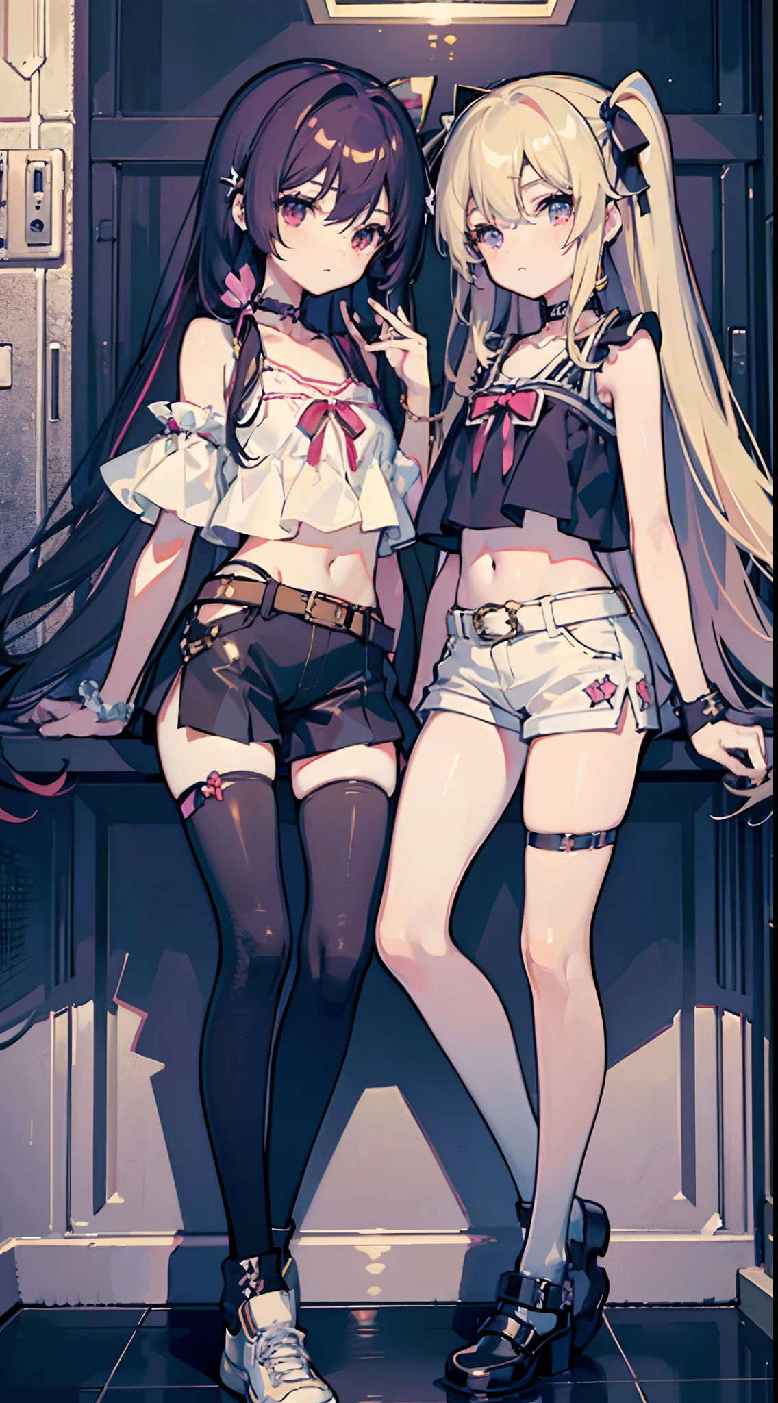 ,twins, Masterpiece,Best quality,offcial art,Extremely detailed Cg Unity 8K wallpaper, 2girls, cute female , Yuri, hair adornments, Short shorts, Crop top, Pantyhose, ribbon_choker necklace, leg belt,