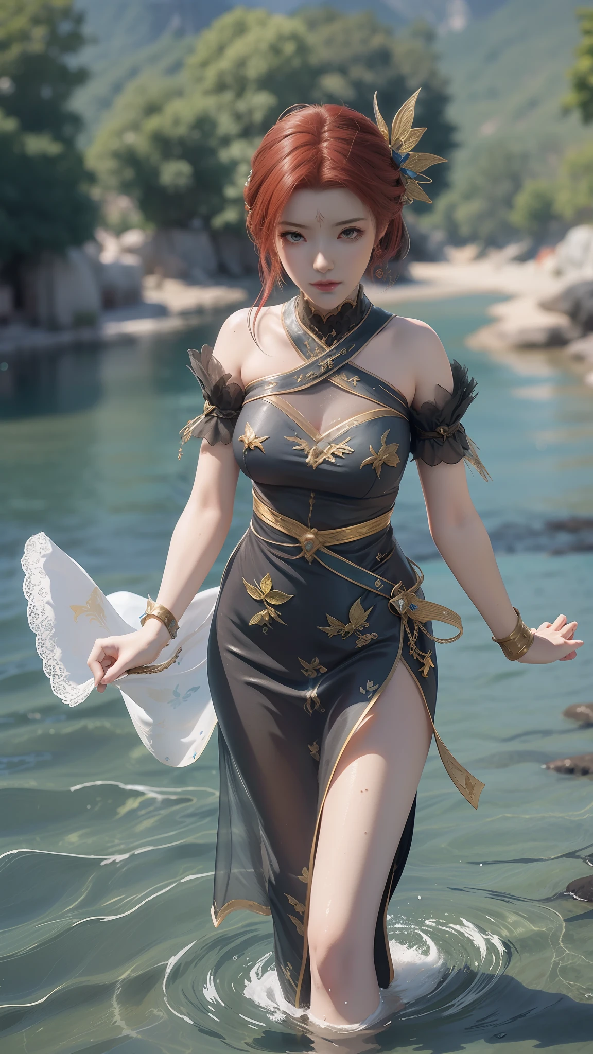 Arapei in a blue and white dress stood in the water, Anime girl walking on water, closeup fantasy with water magic, azur lane style, trending on cgstation, Anime girl cosplay, seraphine ahri kda, Splash art anime Loli, trending at cgstation, realistic water, water fairy, WLOP and Sakimichan