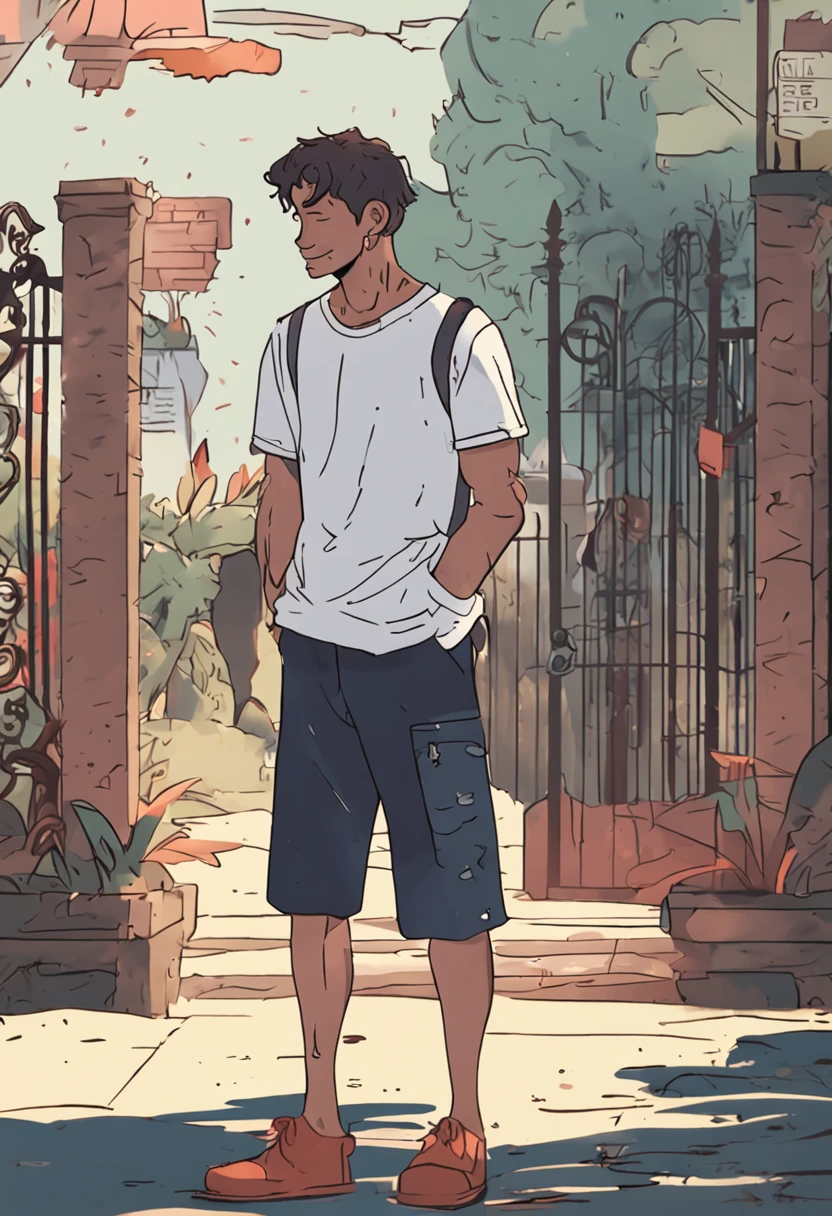 A male college student, wearing slippers, shorts and a plain T-shirt, stood at the school gate, his hair messy, his face streaked with tears, his hands covering his face