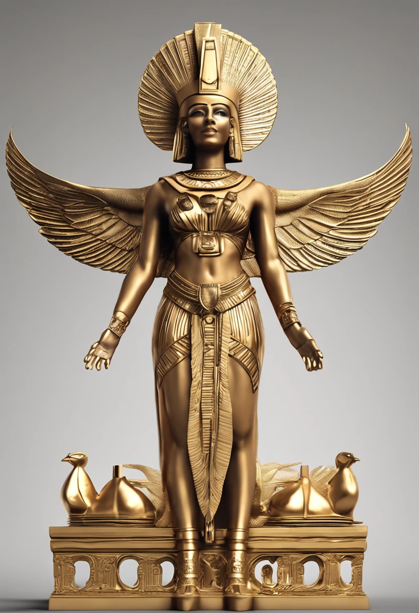 Isis: Main goddess of the Egyptian pantheon dressed in gold and golden makeup with open wings, in the style of the Egyptian gods,  depicted with a throne-shaped head adornment, a reference to Osiris. coberto de joias de luxo, joias, luxo, EGYPTIAN SYMBOLS, joias de pintores e escultores, detalhes altos, Realistic, Detalhamento ultra intrincado, 8k, Cinematic lighting, cinemactic. Image with resolution of at least 300dpi