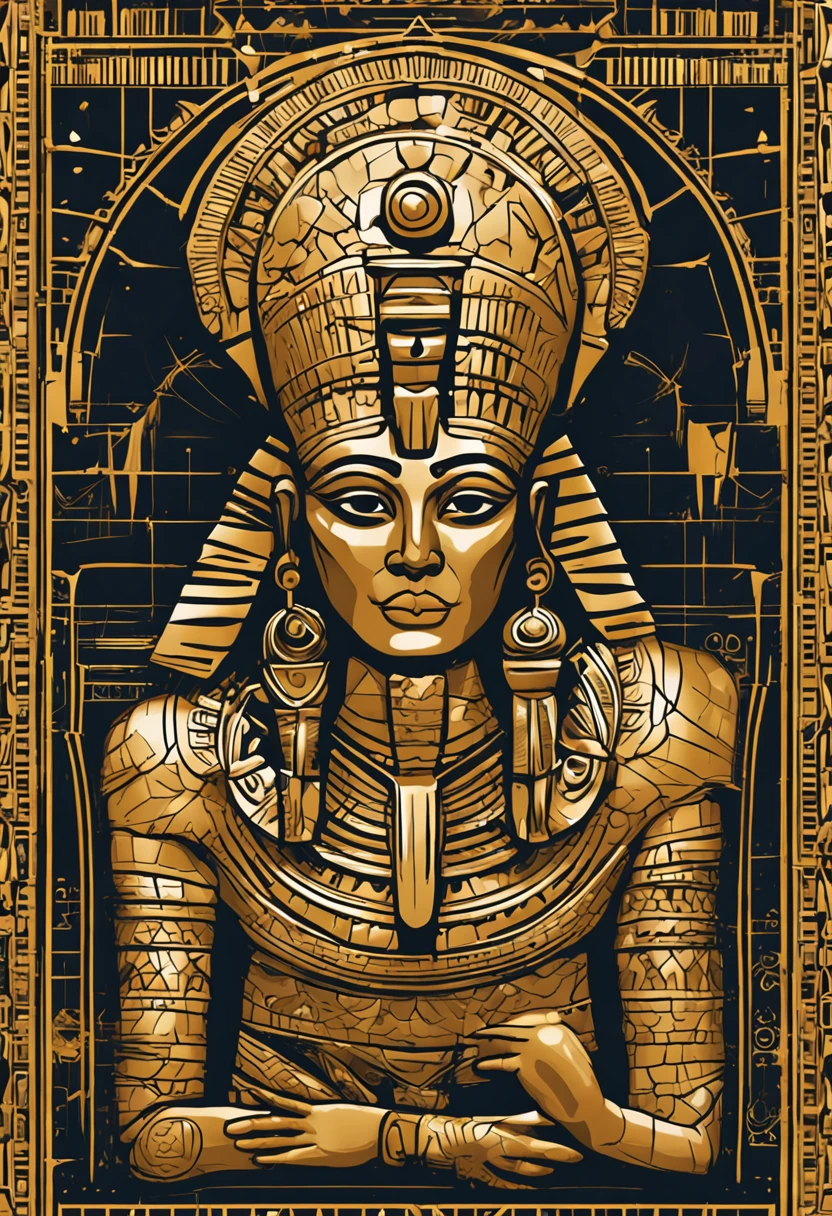 Isis: Main goddess of the Egyptian pantheon dressed in gold and golden makeup with open wings, in the style of the Egyptian gods, depicted with a throne-shaped head adornment, a reference to Osiris. coberto de joias de luxo, joias, luxo, EGYPTIAN SYMBOLS, joias de pintores e escultores, detalhes altos, Realistic, Detalhamento ultra intrincado, 8k, Cinematic lighting, cinemactic. Image with resolution of at least 300dpi