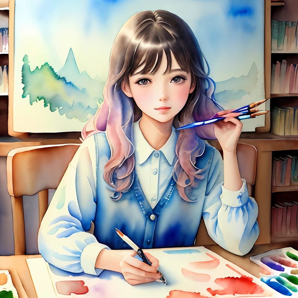 (​masterpiece)、(top-quality:1.1)、(ultra-detailliert)、Best Illustration、detaile、(watercolor paiting:1.4)、(handdraw:1.2)、(Watercolor Brush Hair)、cute girl in