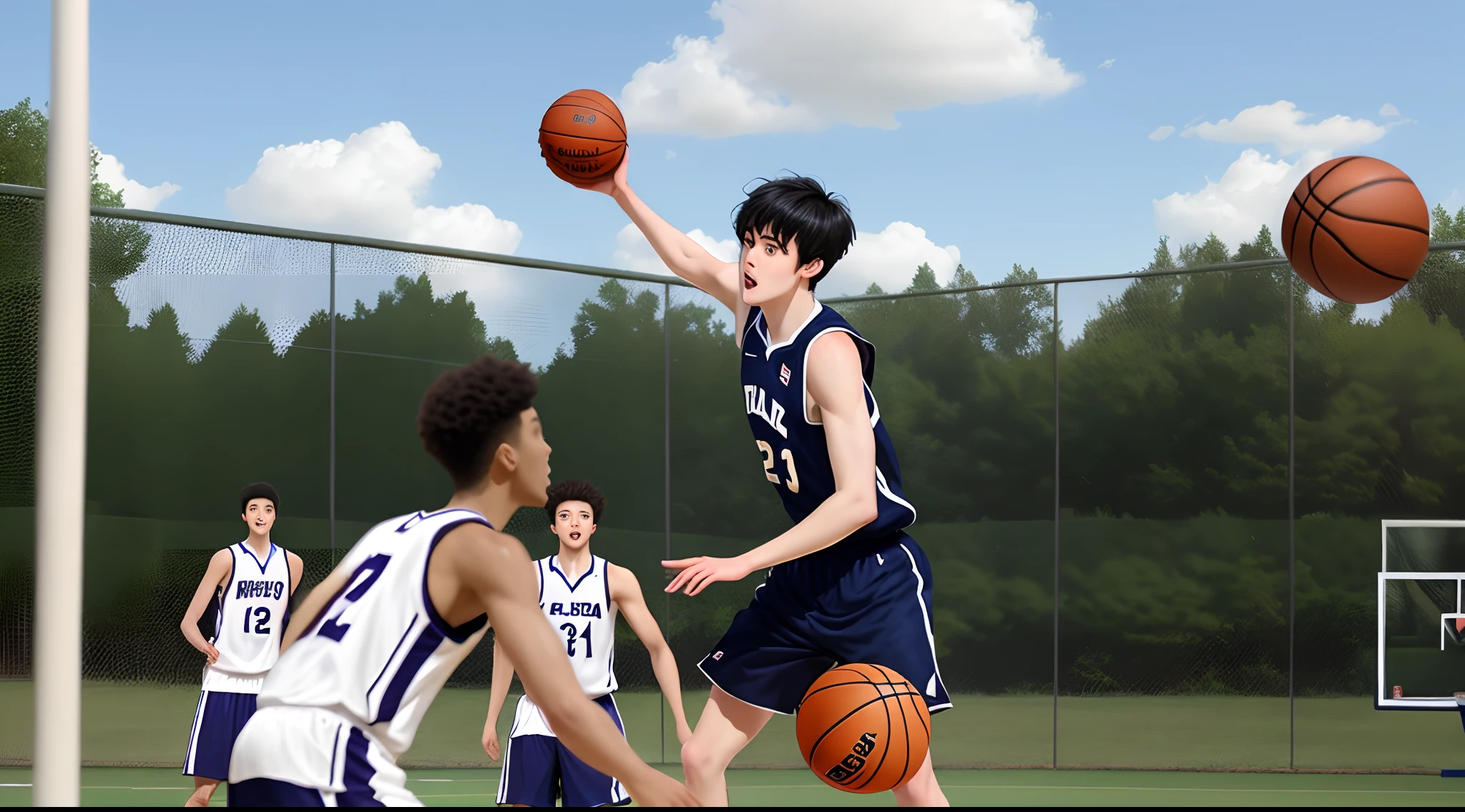 A tall guy with black hair and eyes playing basketball.