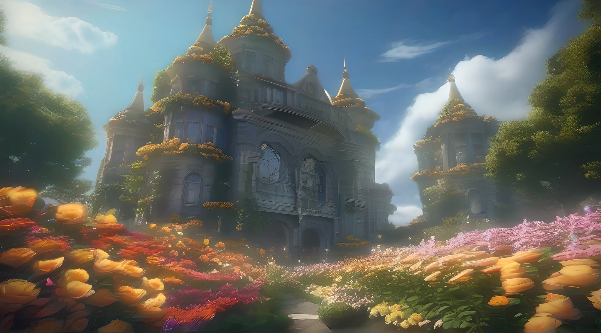 ccurate, best quality, masterpiece, UHD, high details, award winning, (Amazing:1.1), (Surrealism), Conceptual art, Verism, cinematic lighting, floating ruins in the sky, (((beautiful flower garden))), Horizon, blue sky, paradise scenery, flowers, wind flow, (((fantasy))), frontier, (magnificent space), blurry foreground, bokeh, Hasselblad, lens flare, beautiful school girl, (17 yr old), ((((full body)))), from behind, she is dancing, without looking at me, (((wearing school uniform))), black eyes, black hair, (floating hair), ((8 life size)), detailed hairstyles, detailed bodyline, anatomically correct,
