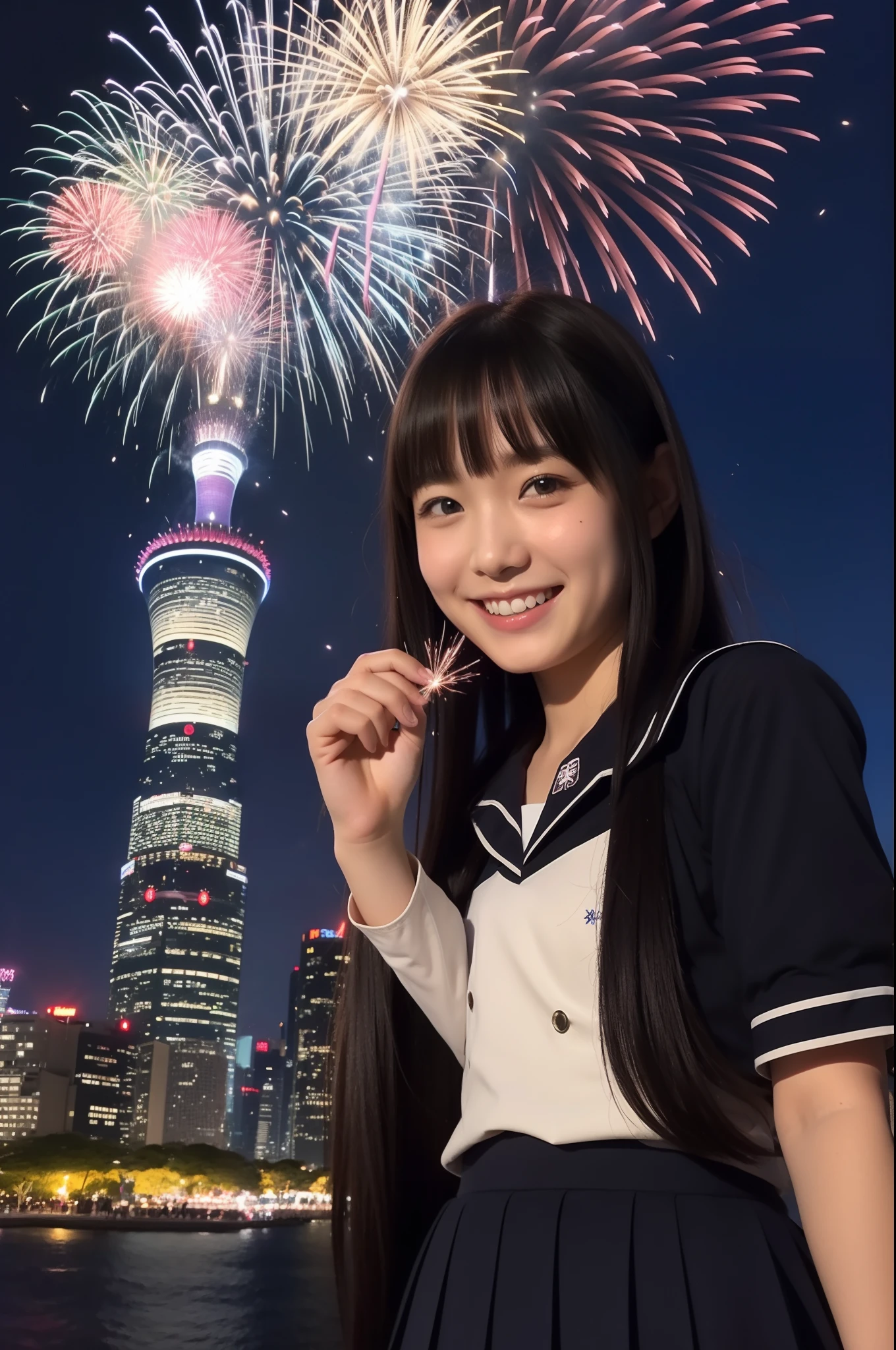 A smile、hi-school girl、校服、While doing fireworks、mare、Tokyo Skytree