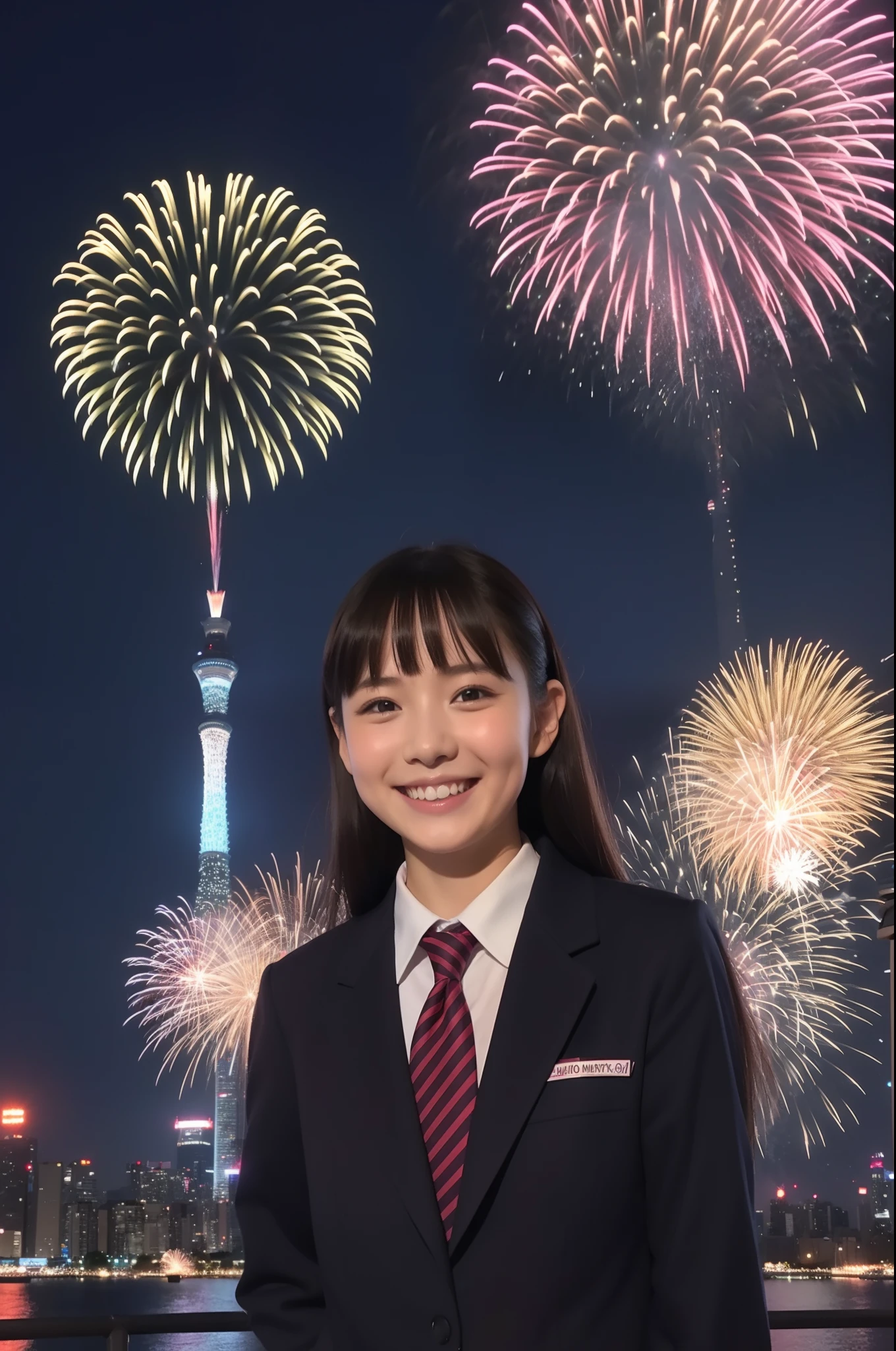 A smile、hi-school girl、校服、While doing fireworks、mare、Tokyo Skytree