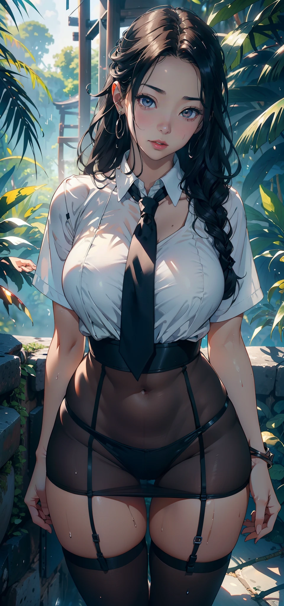 1female,25 age old,Large breasts,long leges,big breasts thin waist,Pornographic exposure, 独奏,(Background with:ln the forest,the rainforest,in summer) with his long black hair,standing on your feet,Sweat profusely,drenched all over the body,seen from the front, curlies, mostly cloudy sky,(((tmasterpiece),(Very detailed CG unity 8K wallpaper),best qualtiy,cinmatic lighting,detailed back ground,beatiful detailed eyes,Bright pupils,(Very fine and beautiful),(Beautiful and detailed eye description),ultra - detailed,tmasterpiece,)),facing at camera,A high resolution,ultra - detailed),revealing breasts,Bare genitalia, Bulge,Camel toes,Raised sexy,Flushed complexion,Open-mouthed,frontage,Japanese high school girl(Wearing:White shirt,black necktie,Pantyhose)nakeness,high-heels